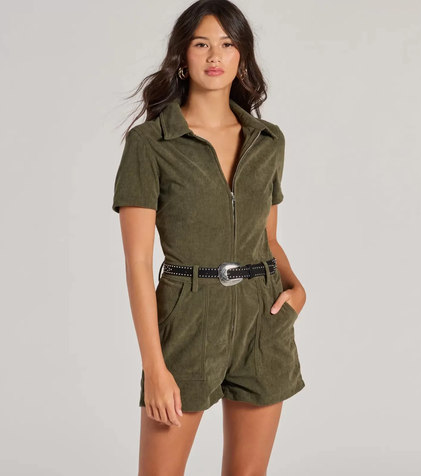Windsor Cute Trend Corduroy Short Sleeve Romper OLIVE Sale