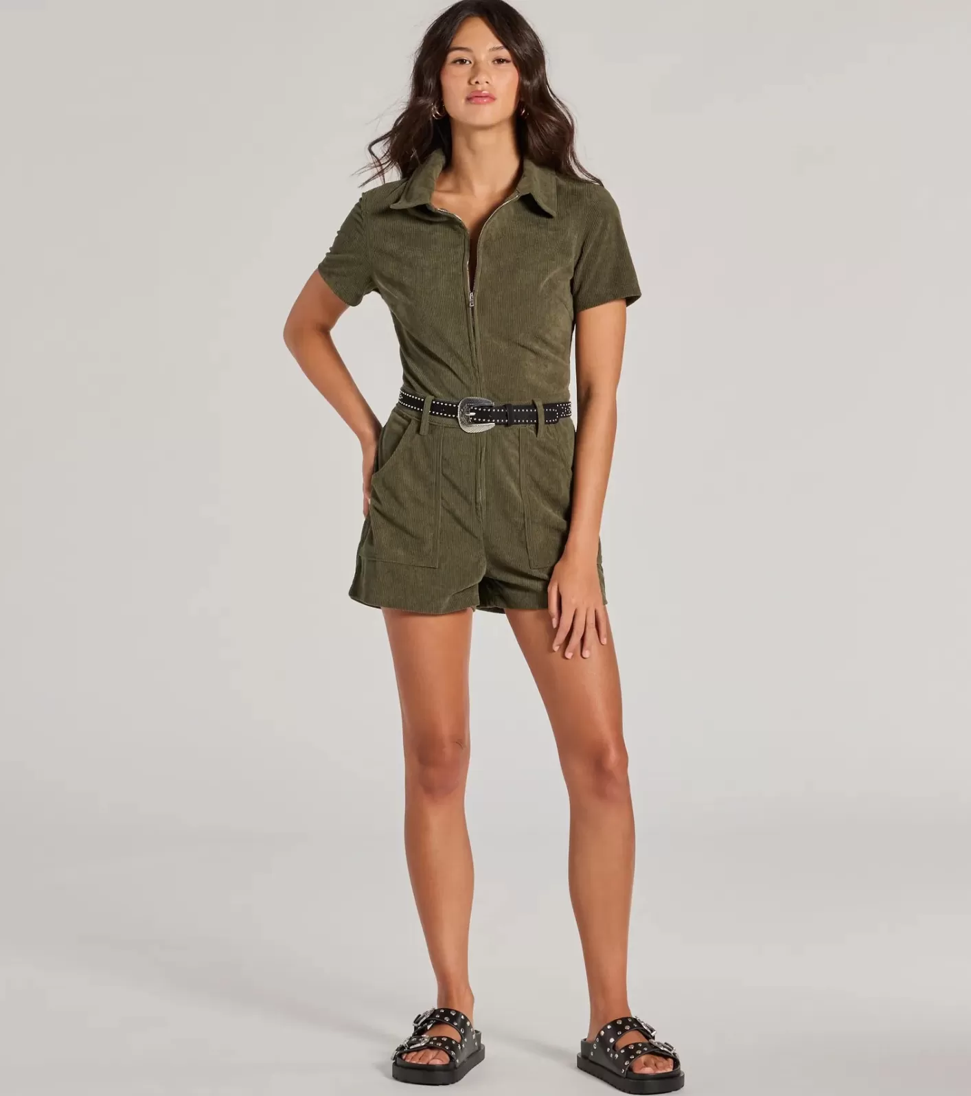 Windsor Cute Trend Corduroy Short Sleeve Romper OLIVE Sale