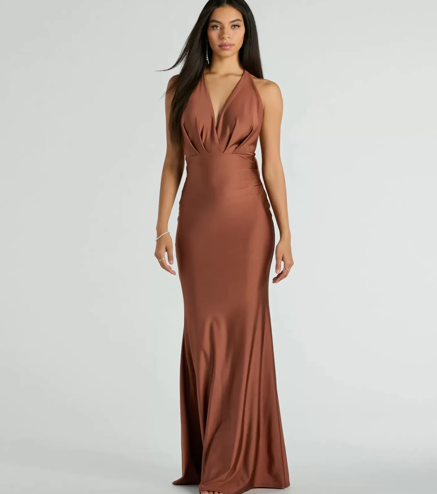 Windsor Dallas V-Neck Halter Open Back Mermaid Formal Dress BROWN Best Sale