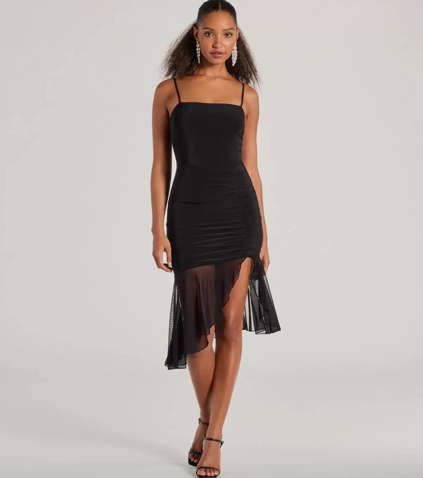Windsor Dancing And Drinks Sleeveless Mesh Ruffle Midi Dress BLACK Store