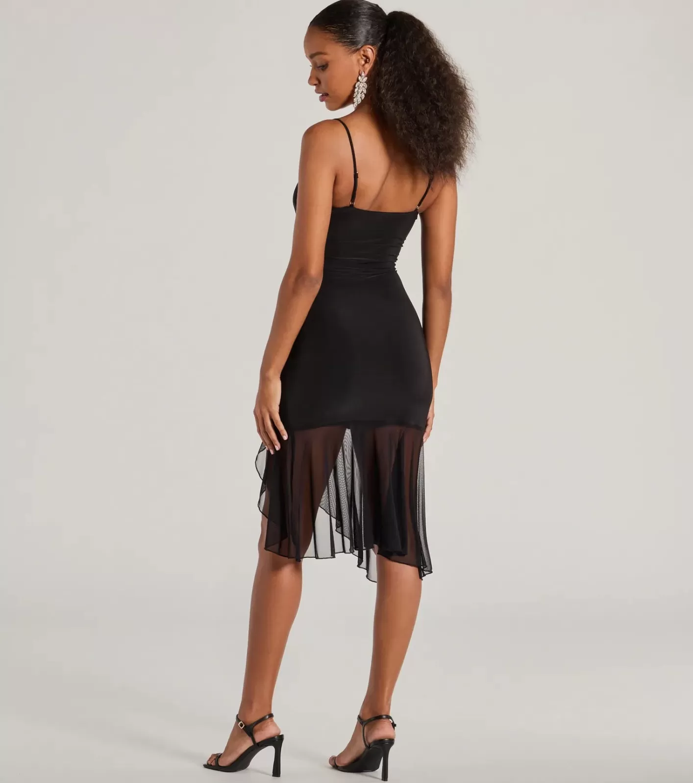 Windsor Dancing And Drinks Sleeveless Mesh Ruffle Midi Dress BLACK Store