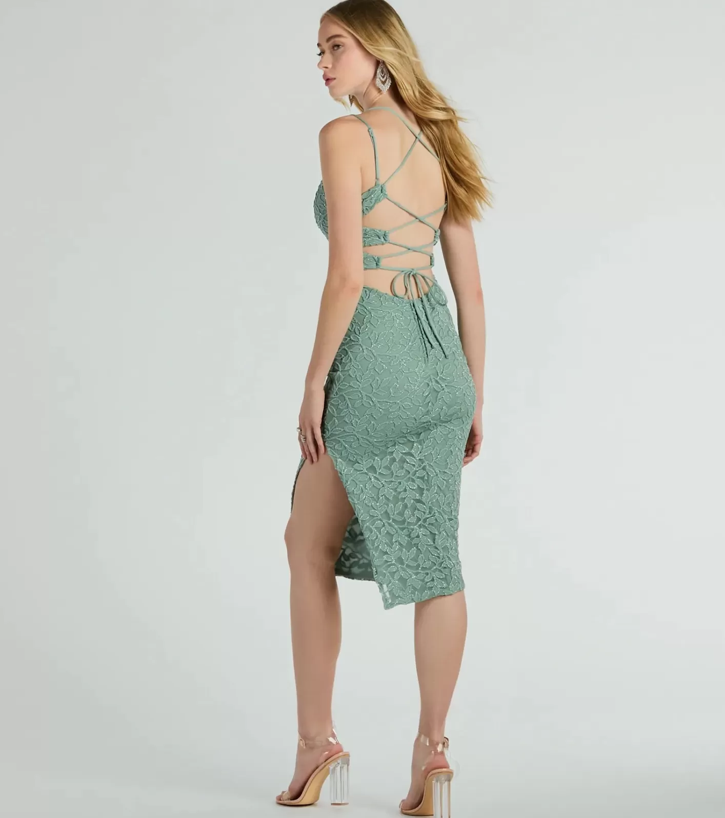 Windsor Darcy Lace-Up Glitter Lace Midi Formal Dress SAGE Clearance