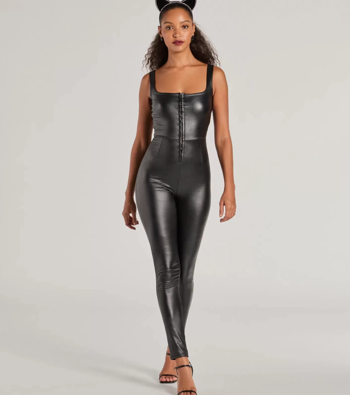 Windsor Dare To Allure Faux Leather Hook-Eye Catsuit BLACK Hot