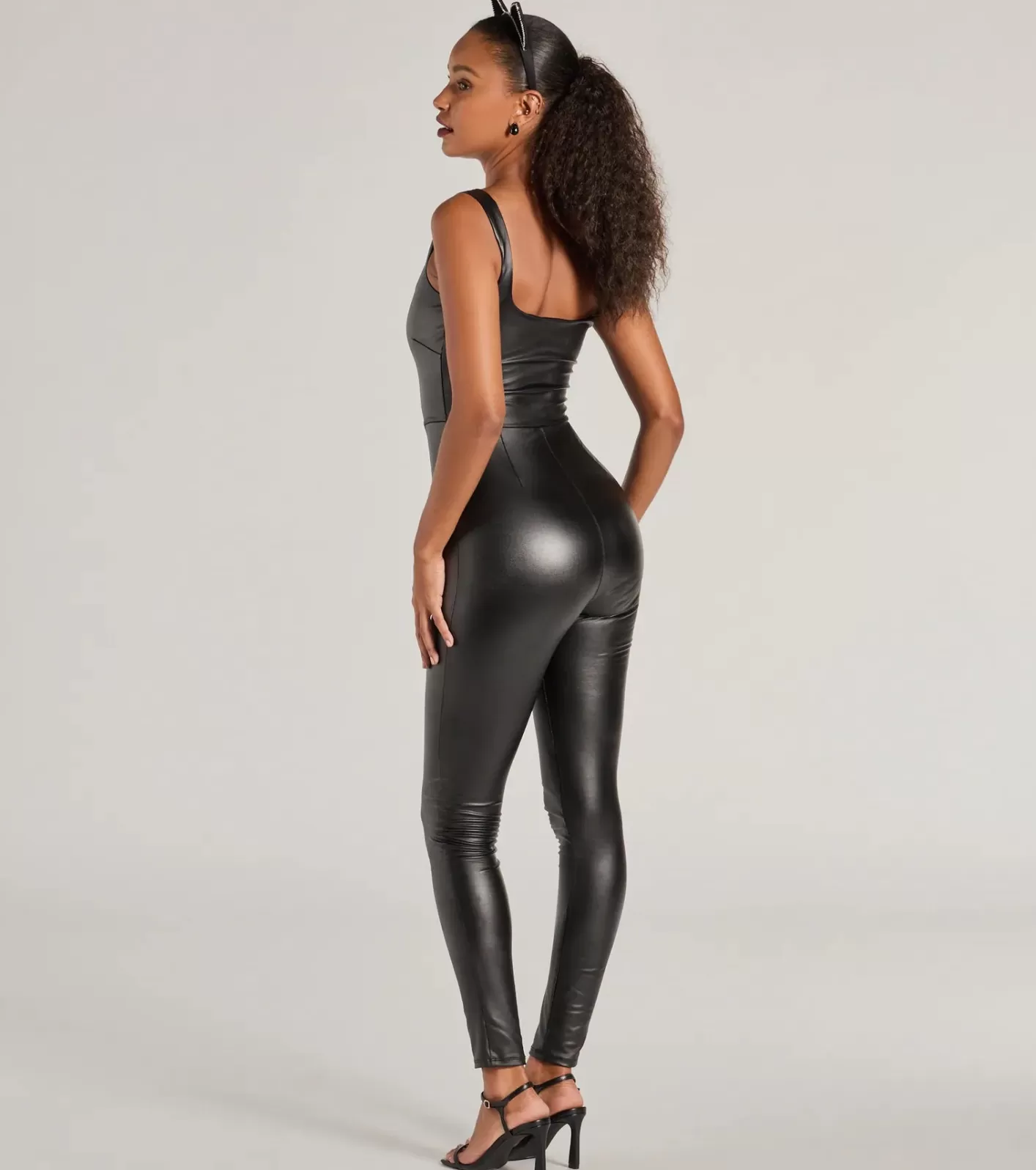 Windsor Dare To Allure Faux Leather Hook-Eye Catsuit BLACK Hot
