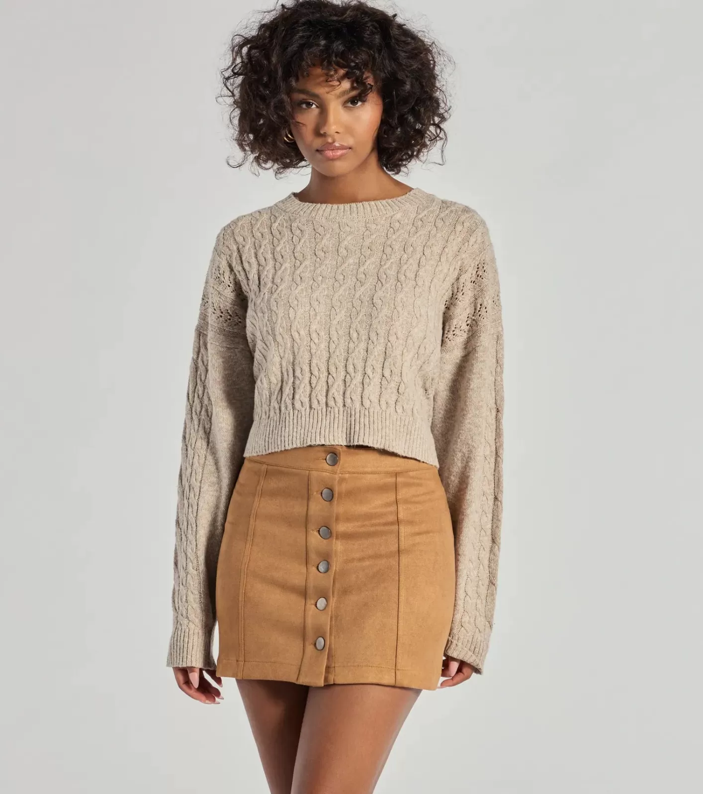Windsor Darling Details Button Down Faux Suede Mini Skirt TAN Fashion