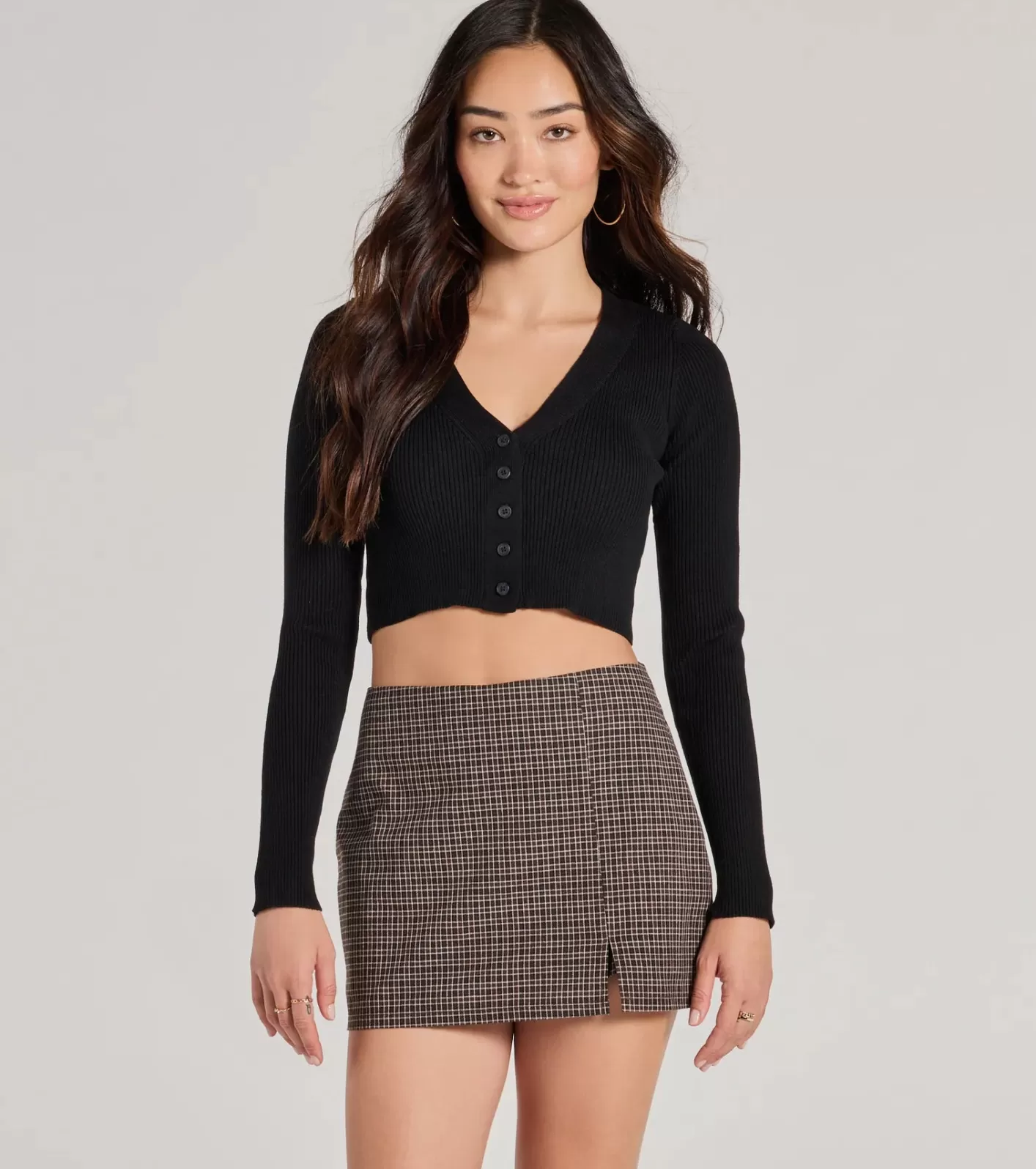 Windsor Darling Layer V-Neck Button Crop Cardigan BLACK New