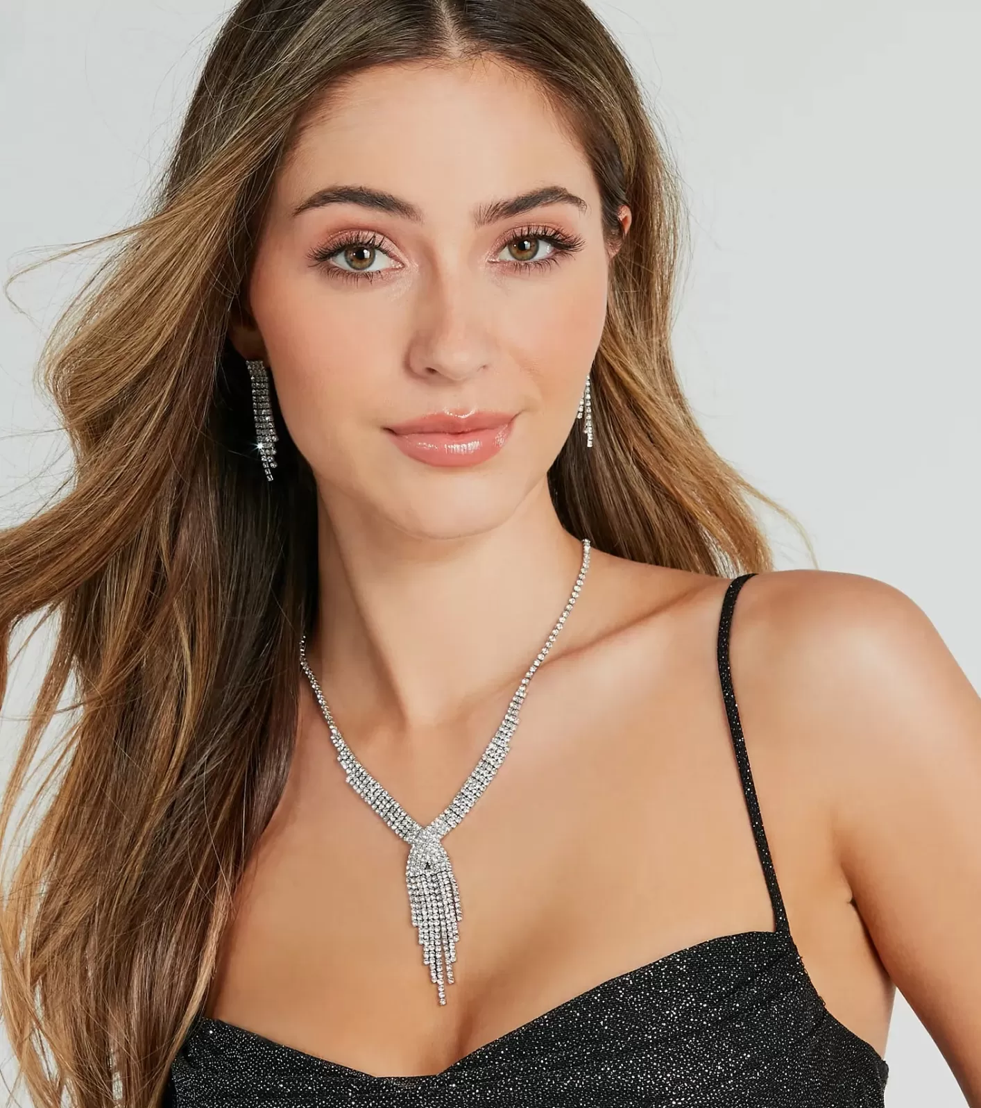 Windsor Dazzling Rhinestone Fringe Necklace And Earrings Set SILVER Best