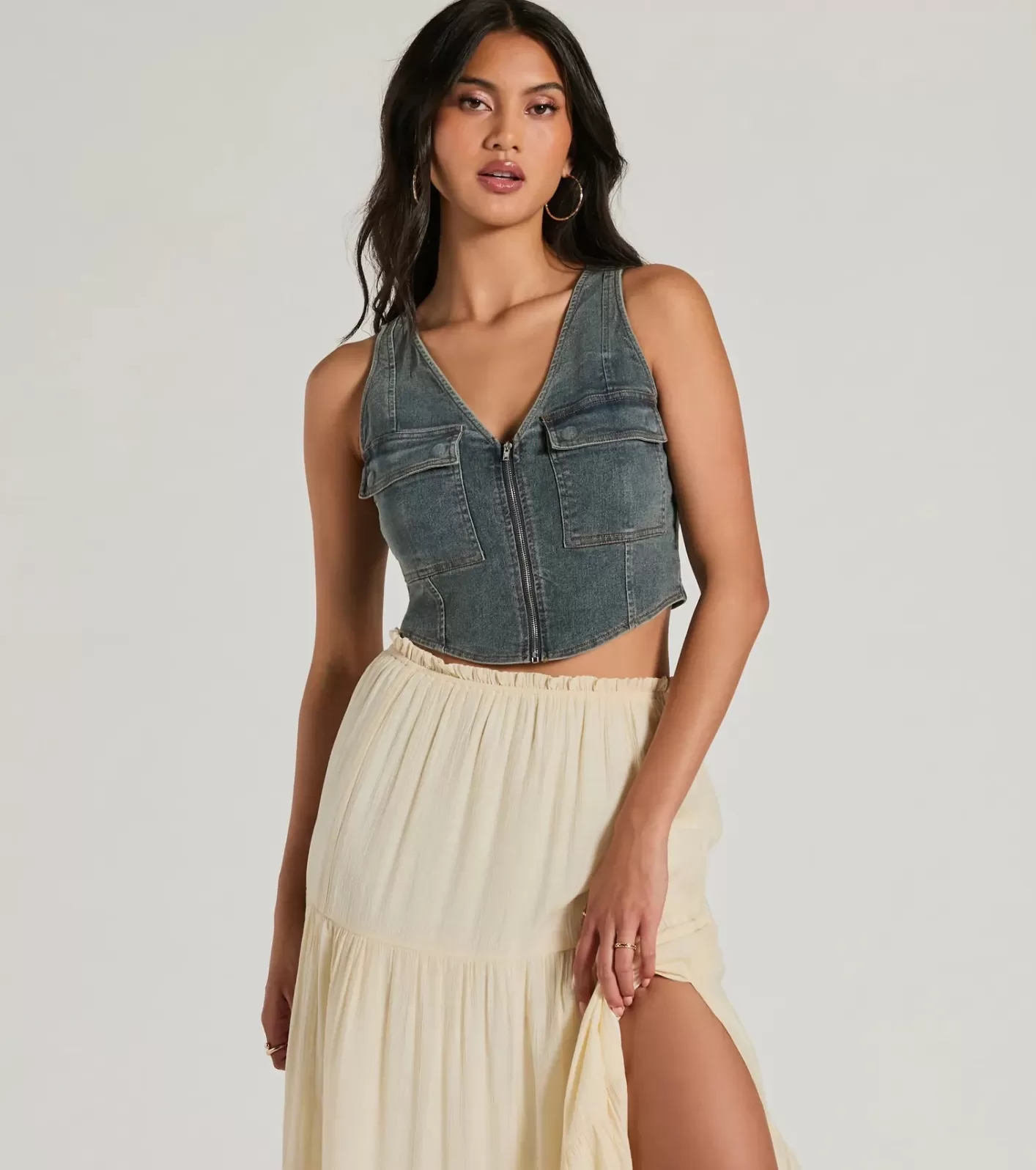 Windsor Definite Icon Zip Up Pocket Vest DENIM Fashion