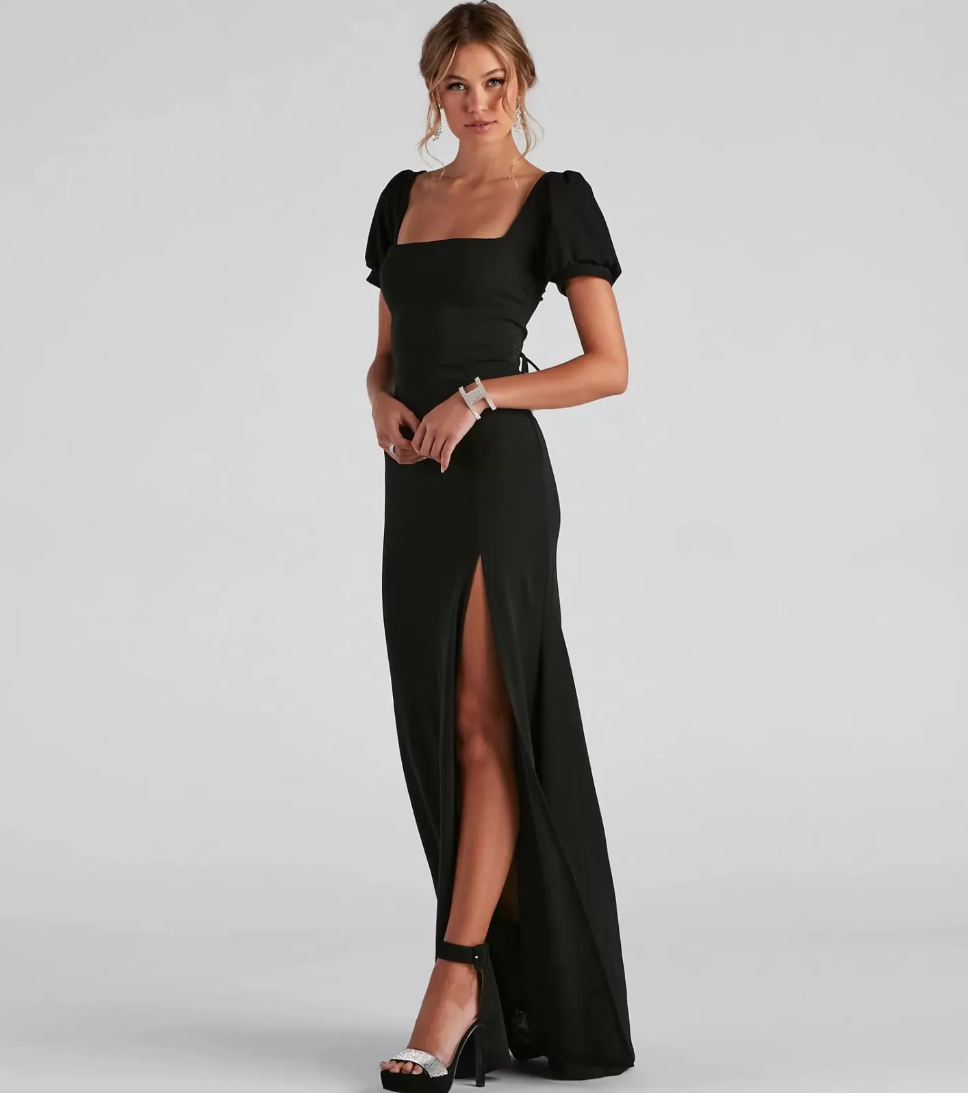 Windsor Denali Formal Puff Sleeve Long Dress BLACK Cheap