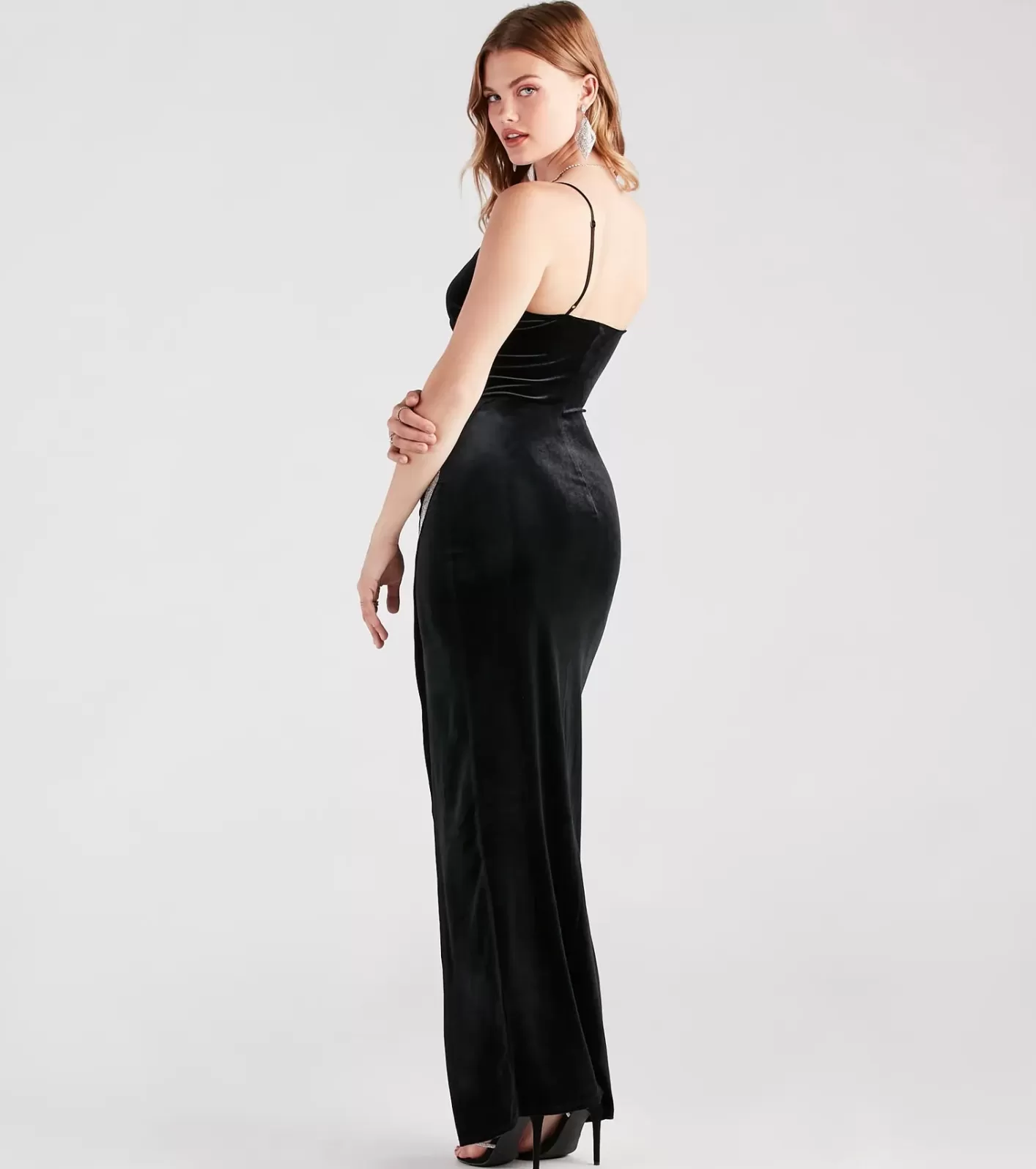 Windsor Dina Formal Velvet Rhinestone Slit Dress BLACK Cheap