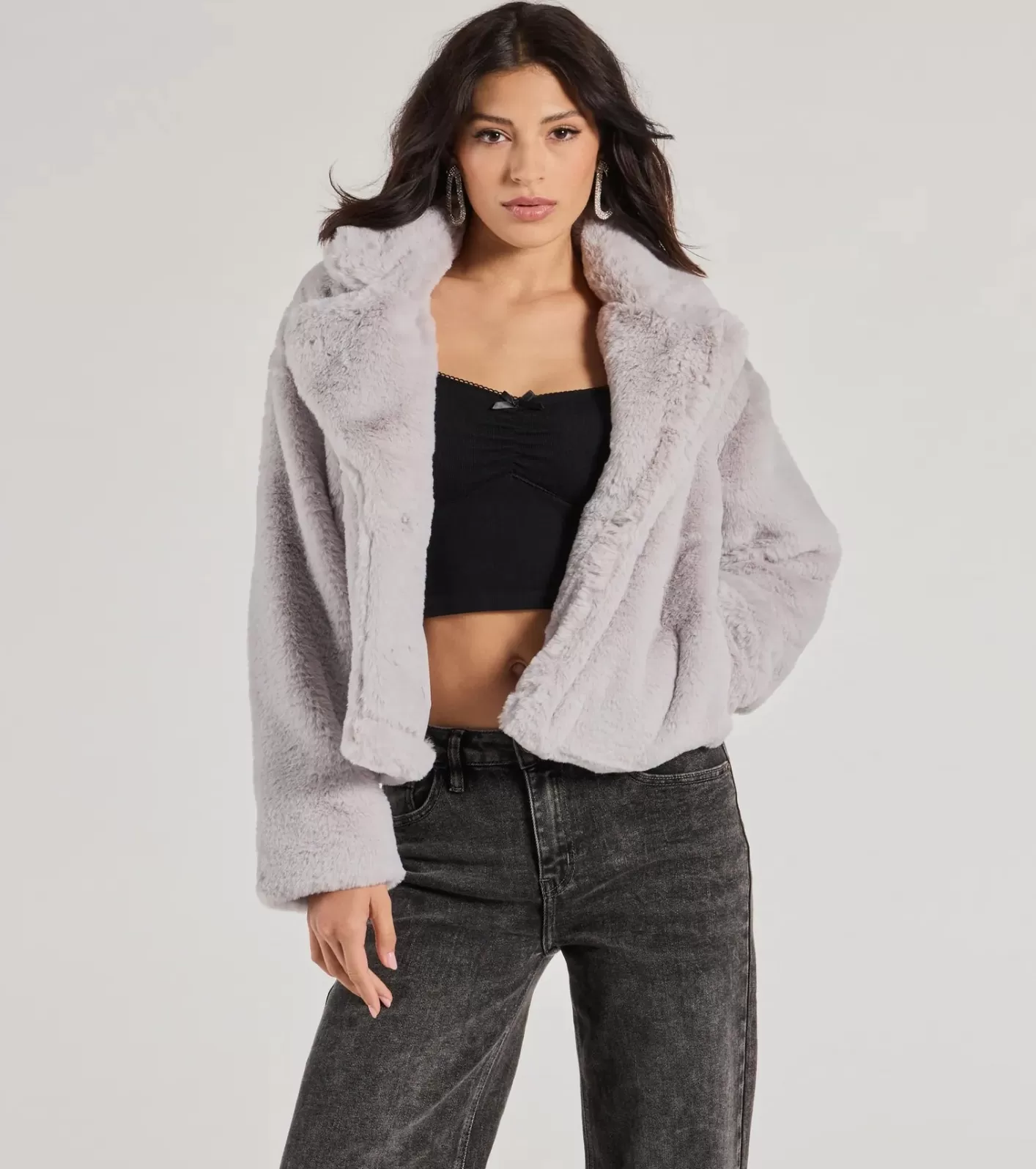 Windsor Diva Chic Cropped Faux Fur Jacket GRAY Sale