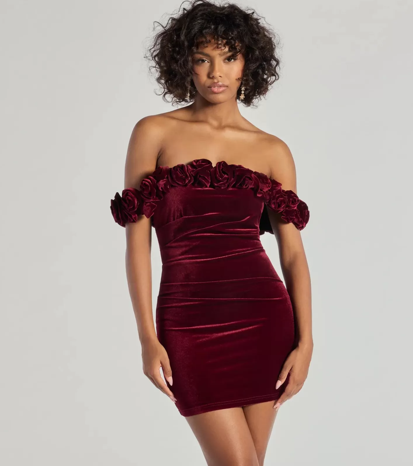 Windsor Dominique Floral Velvet Off The Shoulder Mini Dress WINE Fashion