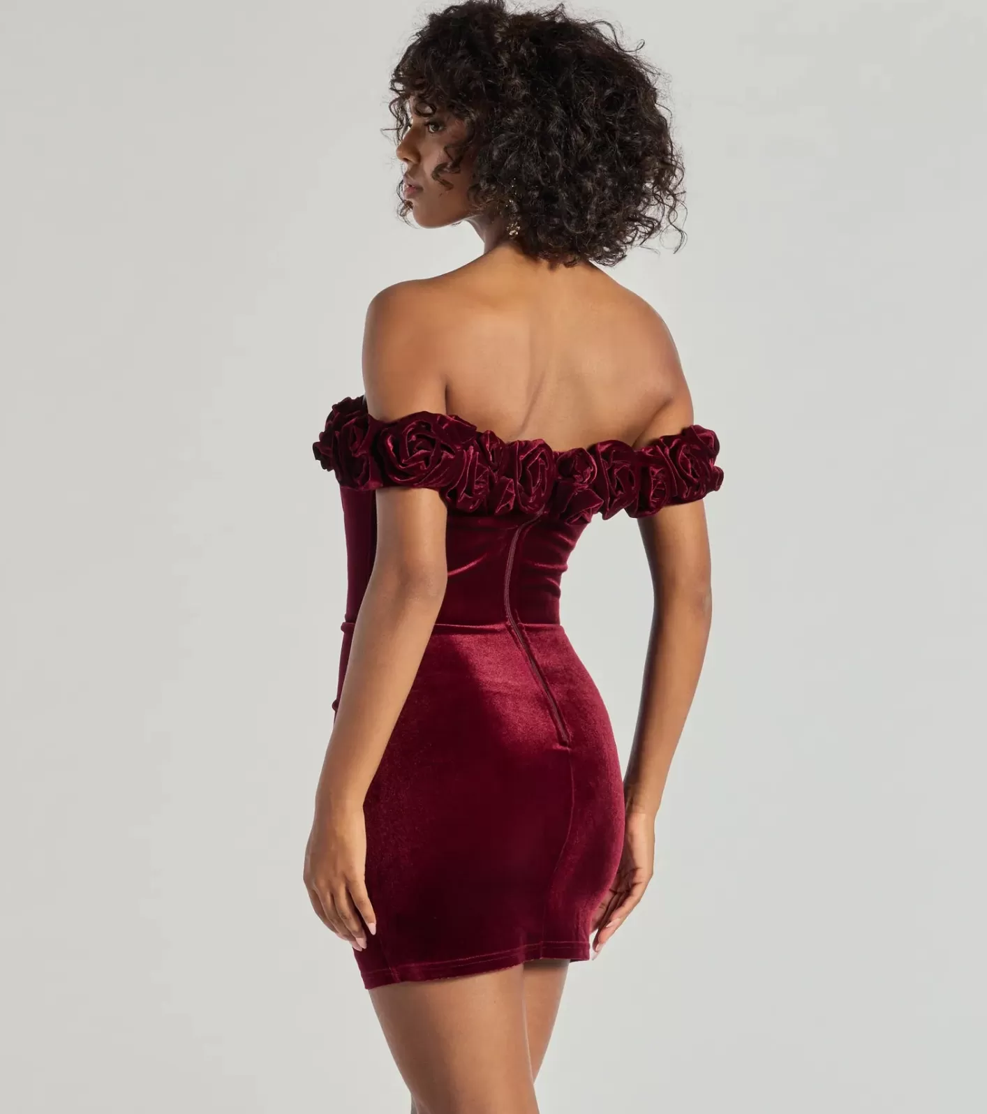 Windsor Dominique Floral Velvet Off The Shoulder Mini Dress WINE Fashion