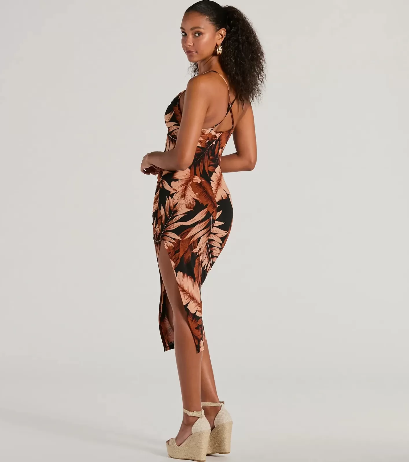 Windsor Dreaming Of Paradise Cowl Neck Tropical Midi Dress BLACK New