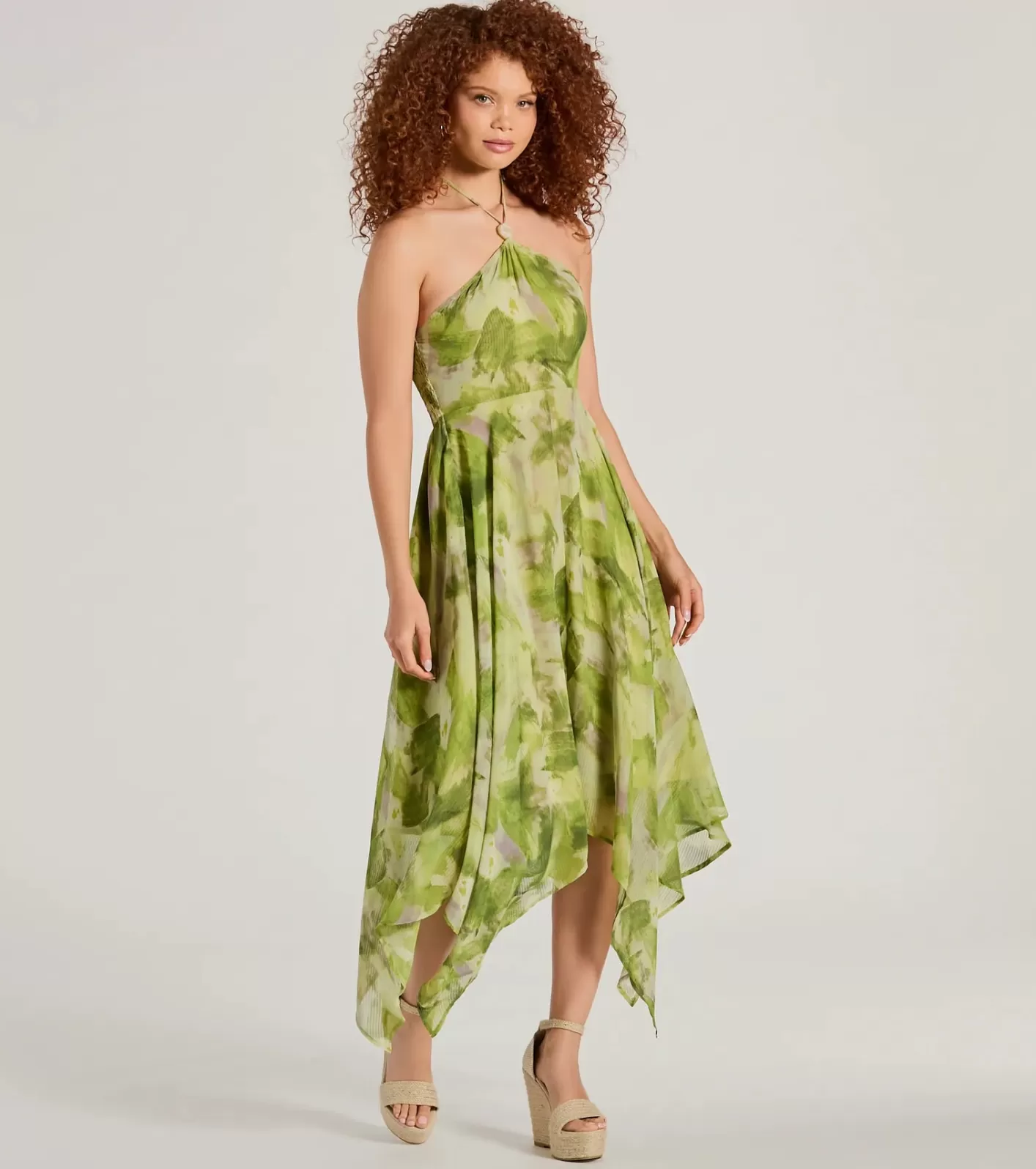 Windsor Dreamy Muse Watercolor Chiffon Flowy Midi Dress GREEN Fashion