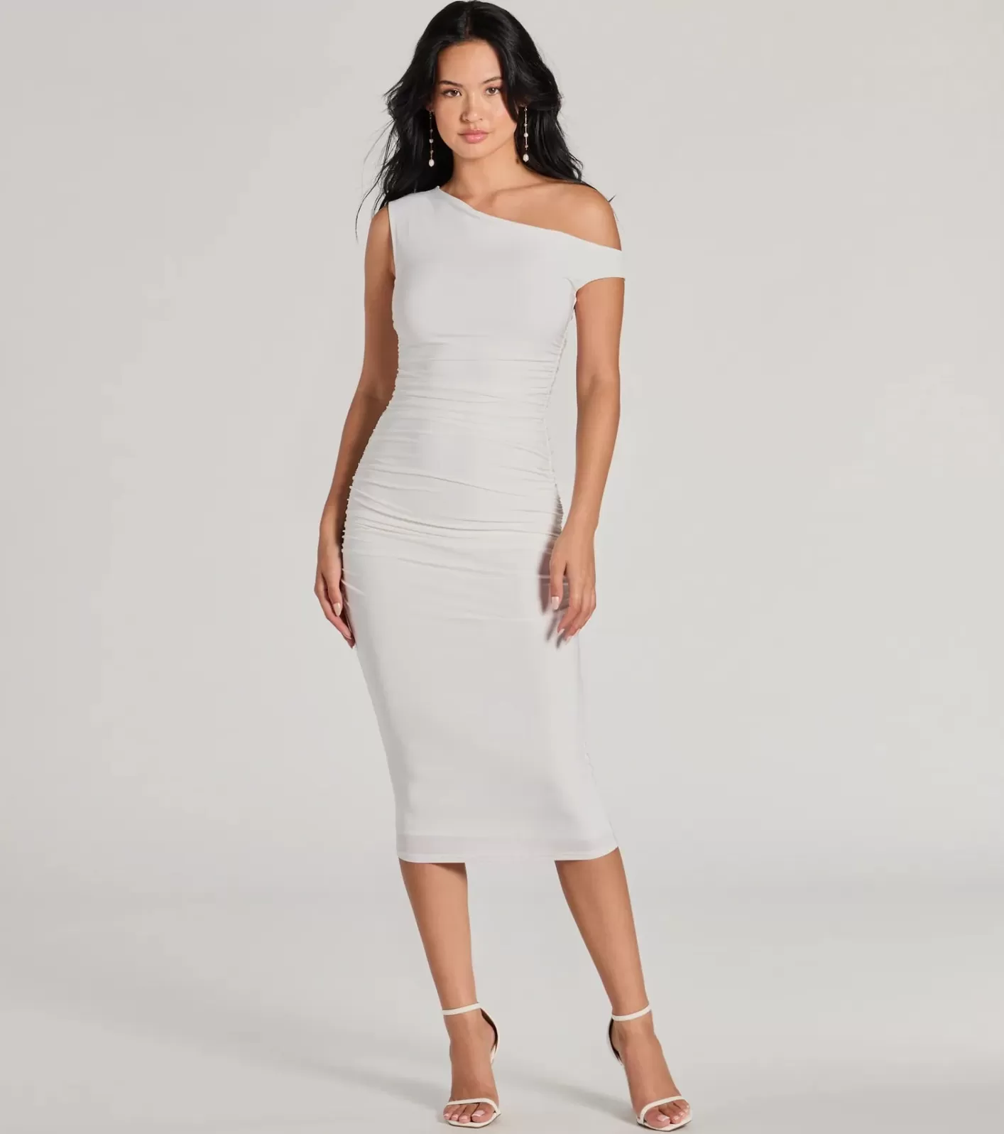 Windsor Easily Sultry Off-Shoulder Ruched Midi Dress WHITE Cheap