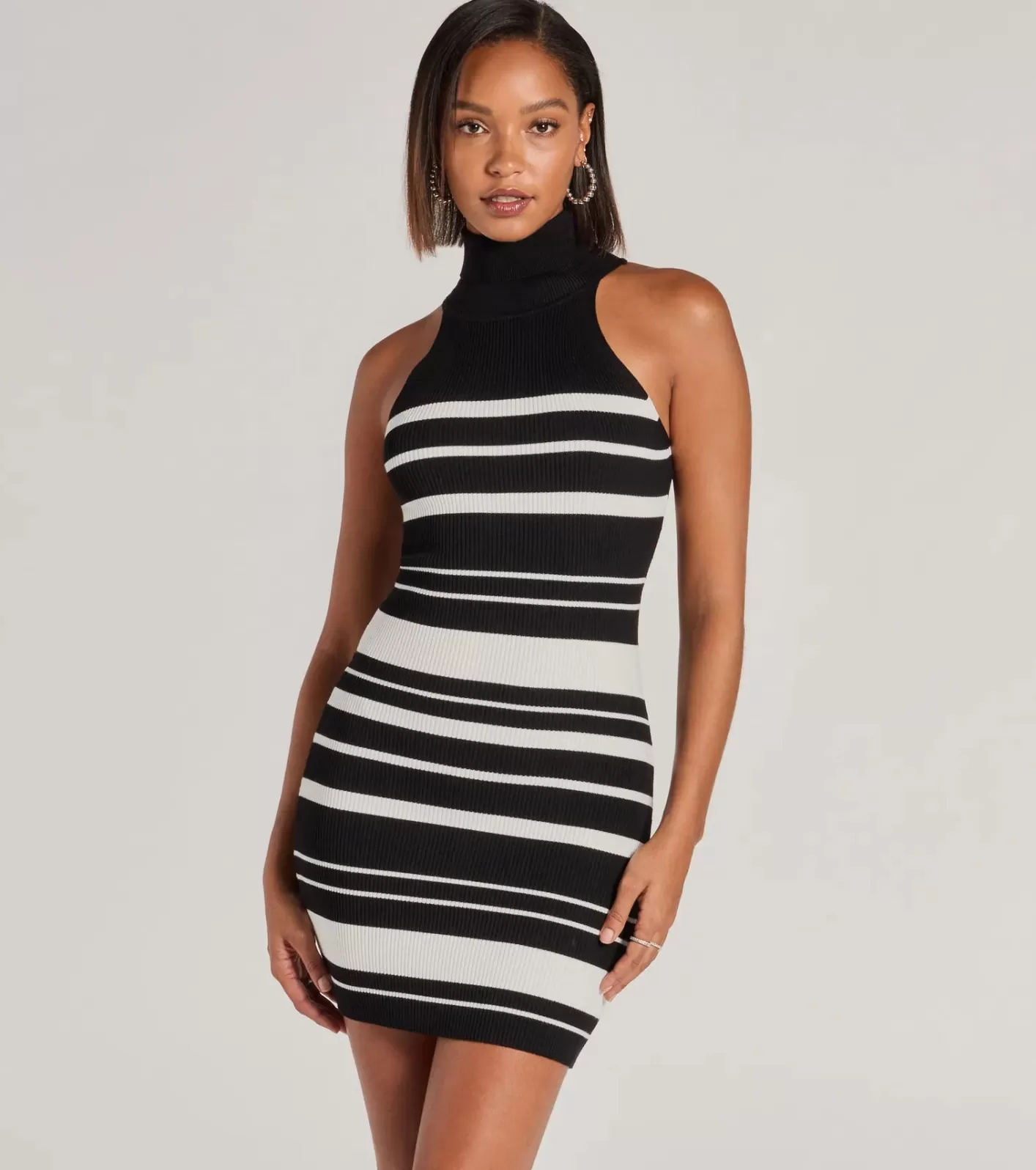 Windsor Easy Bliss Turtleneck Striped Mini Dress BLACK/WHITE Online
