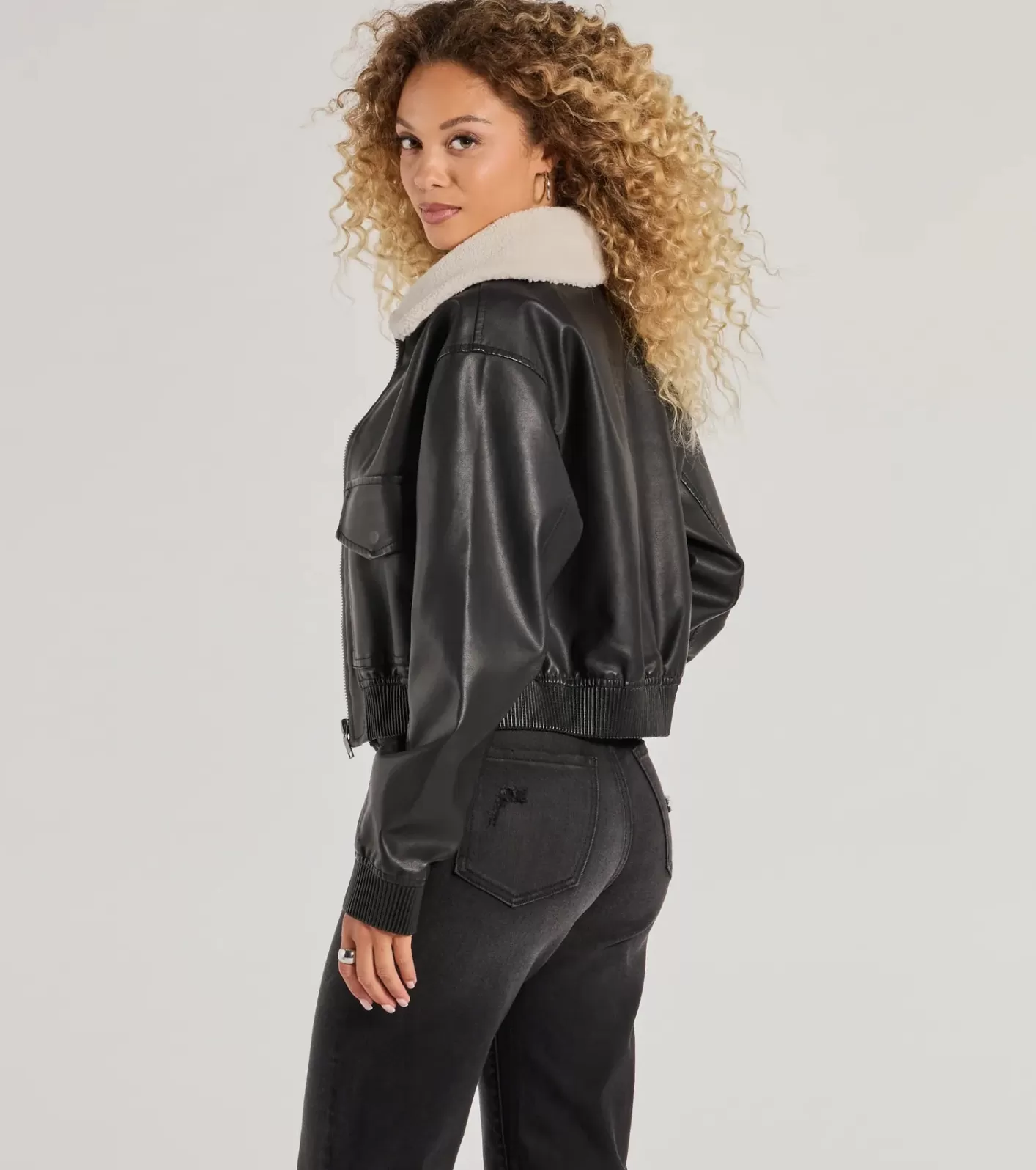 Windsor Edgy Chic Flair Faux Leather And Sherpa Bomber Jacket BLACK Discount