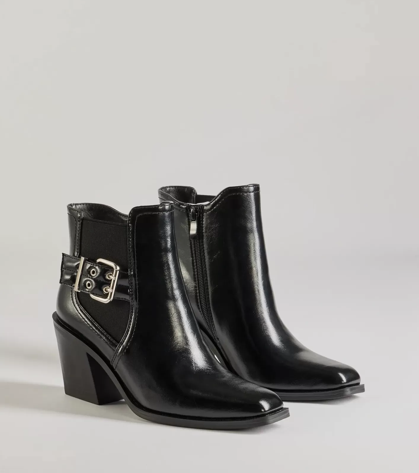 Windsor Edgy Fave Buckle Strap Faux Leather Ankle Booties BLACK Outlet