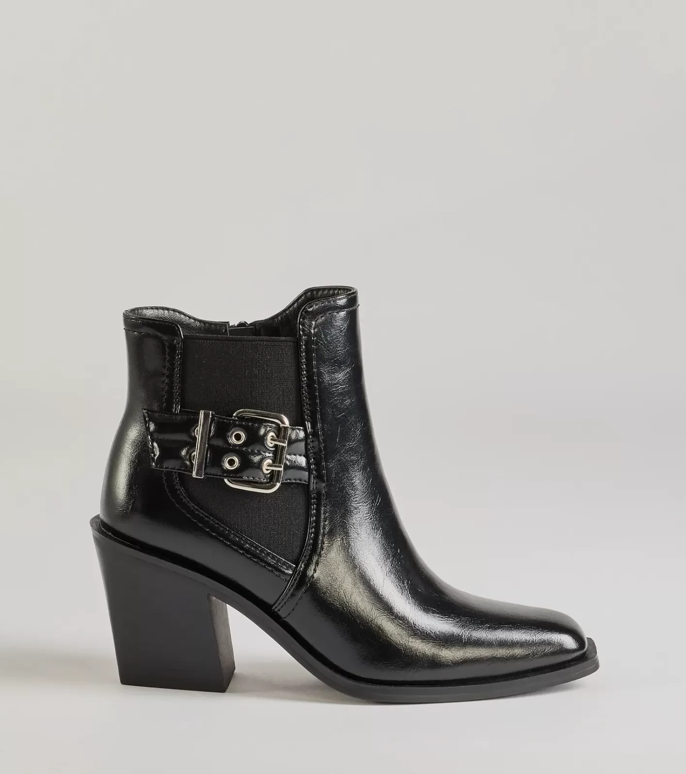 Windsor Edgy Fave Buckle Strap Faux Leather Ankle Booties BLACK Outlet