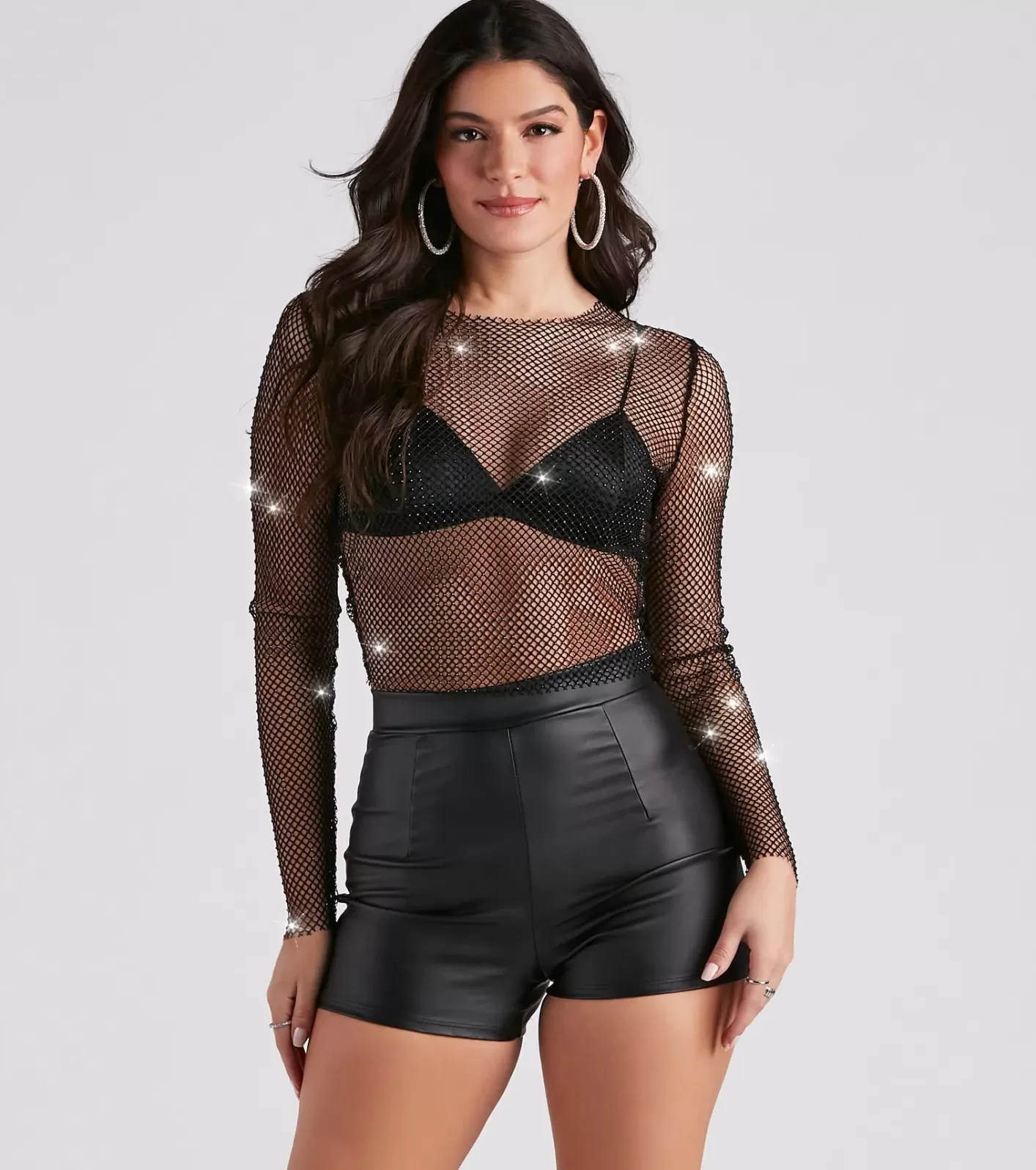 Windsor Edgy Glam Girl Rhinestone Fishnet Top BLACK Fashion