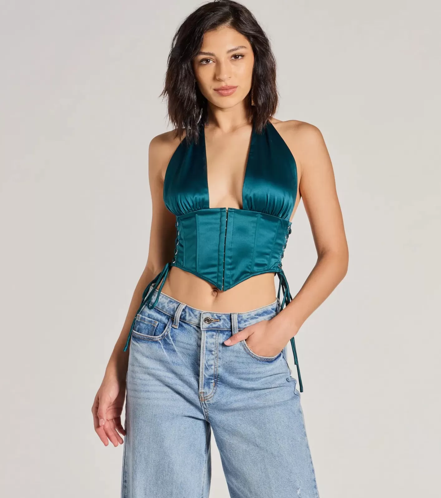 Windsor Edgy Luxe Satin Halter Cropped Corset Top HUNTER Best Sale