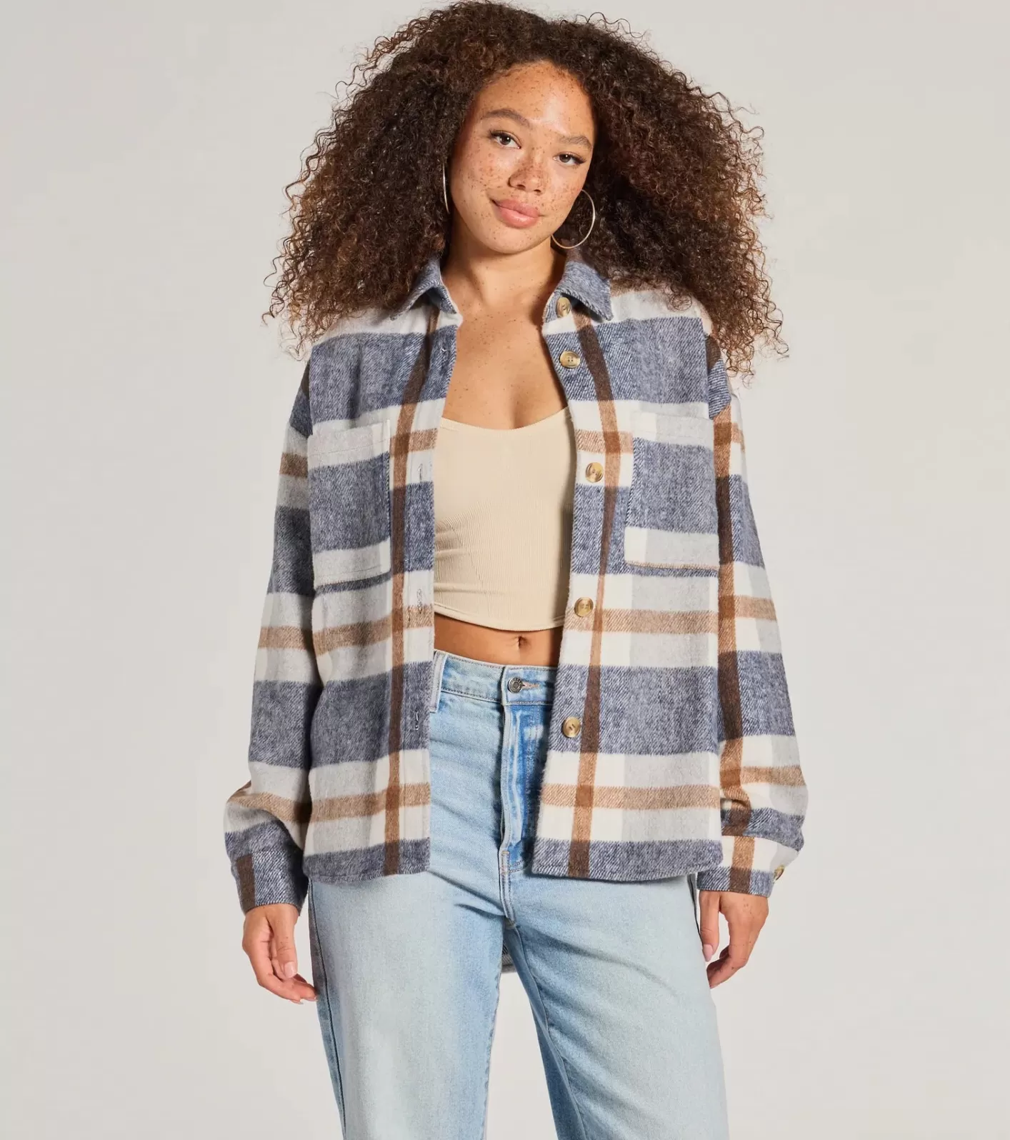 Windsor Effortless Cutie Long Sleeve Plaid Shacket NAVY Cheap