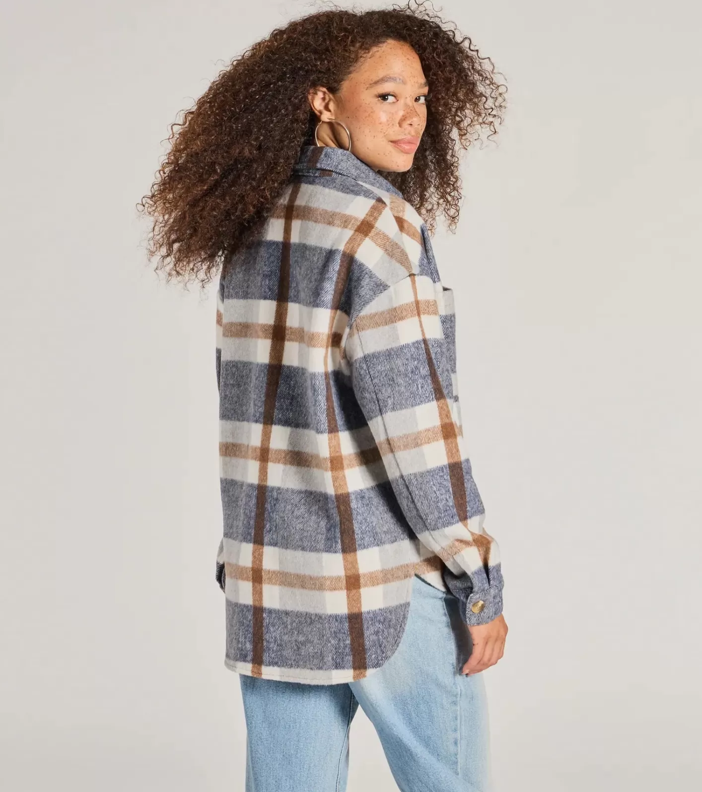Windsor Effortless Cutie Long Sleeve Plaid Shacket NAVY Cheap