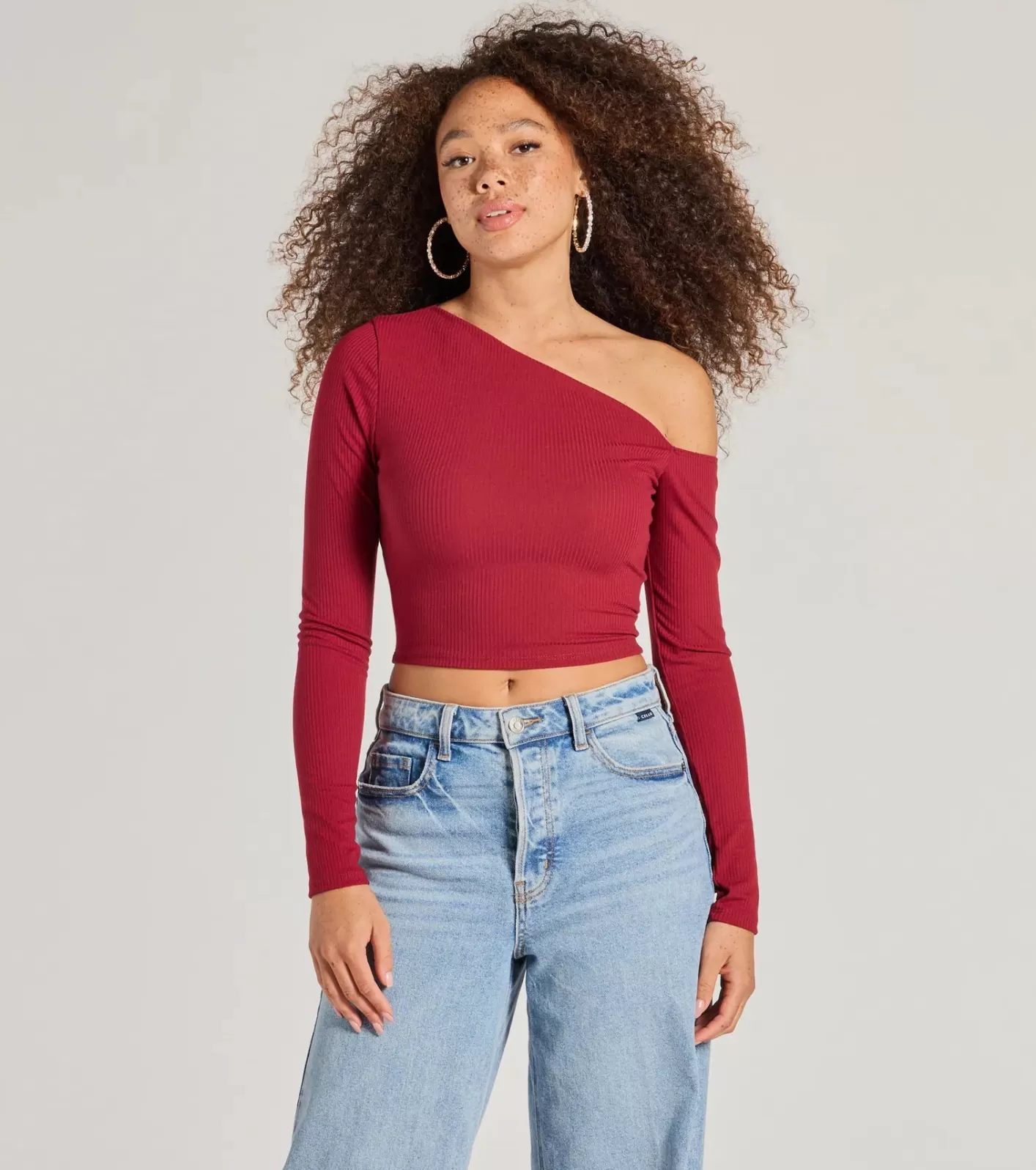 Windsor Effortlessly Chic One-Shoulder Ribbed Crop Top BURGUNDY Cheap