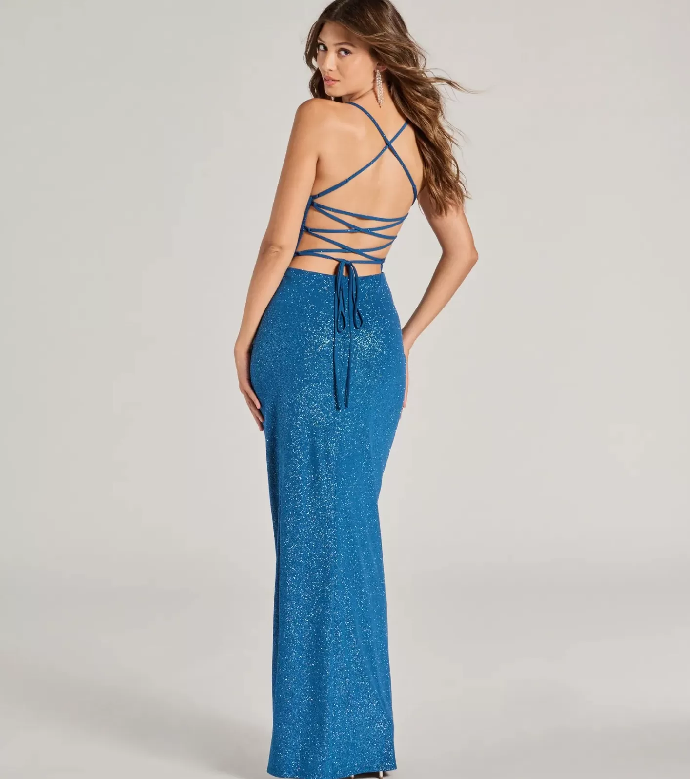 Windsor Eleanor Lace-Up Slit Slim Glitter Formal Dress TEAL Discount
