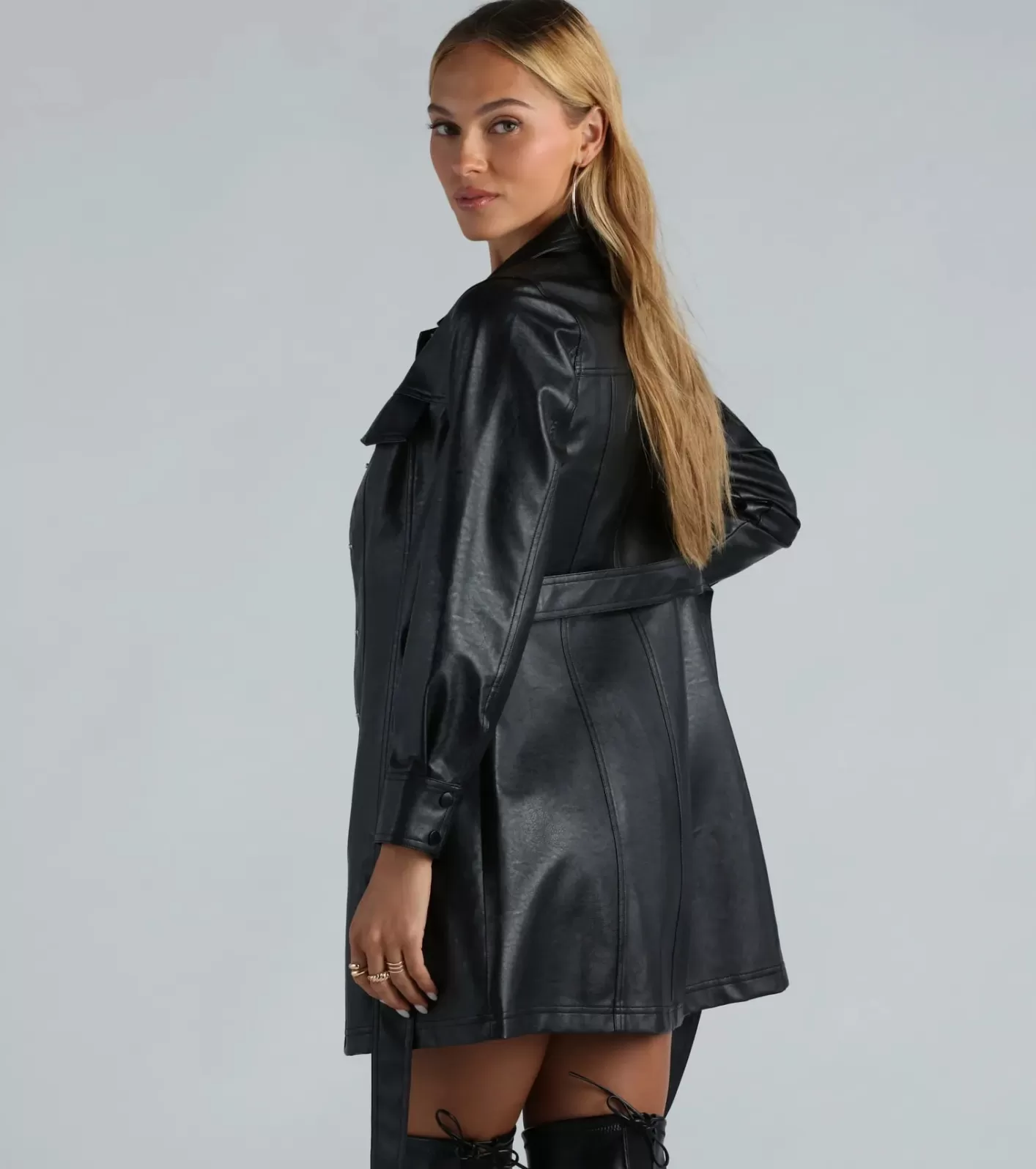 Windsor Elevated Affair Faux Leather Trench Coat BLACK Best