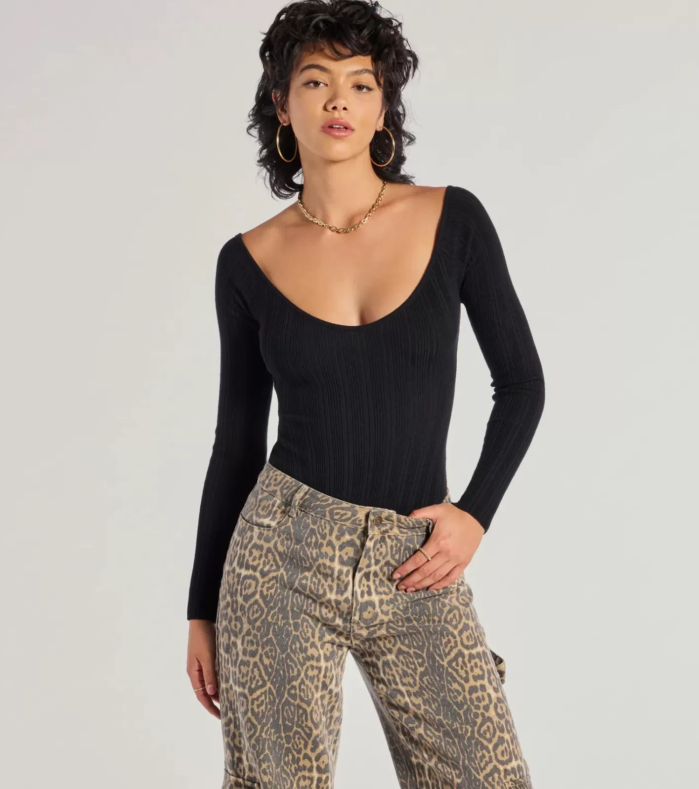 Windsor Elevated Essential Ribbed Knit Long Sleeve Bodysuit BLACK Clearance