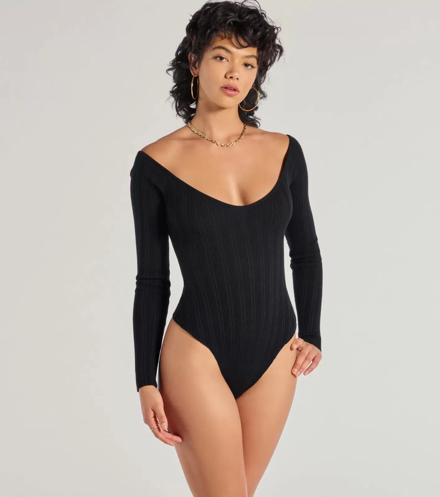 Windsor Elevated Essential Ribbed Knit Long Sleeve Bodysuit BLACK Clearance