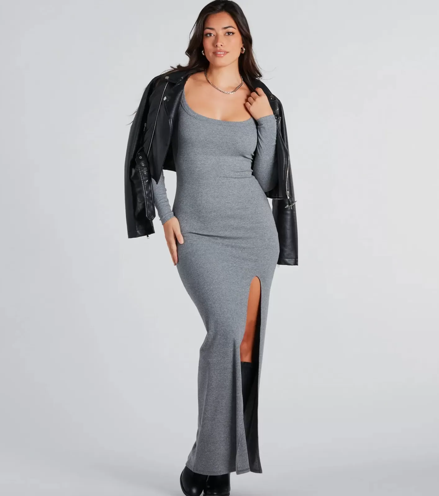 Windsor Elevated Vibes Ribbed Knit High Slit Maxi Dress CHARCOAL New
