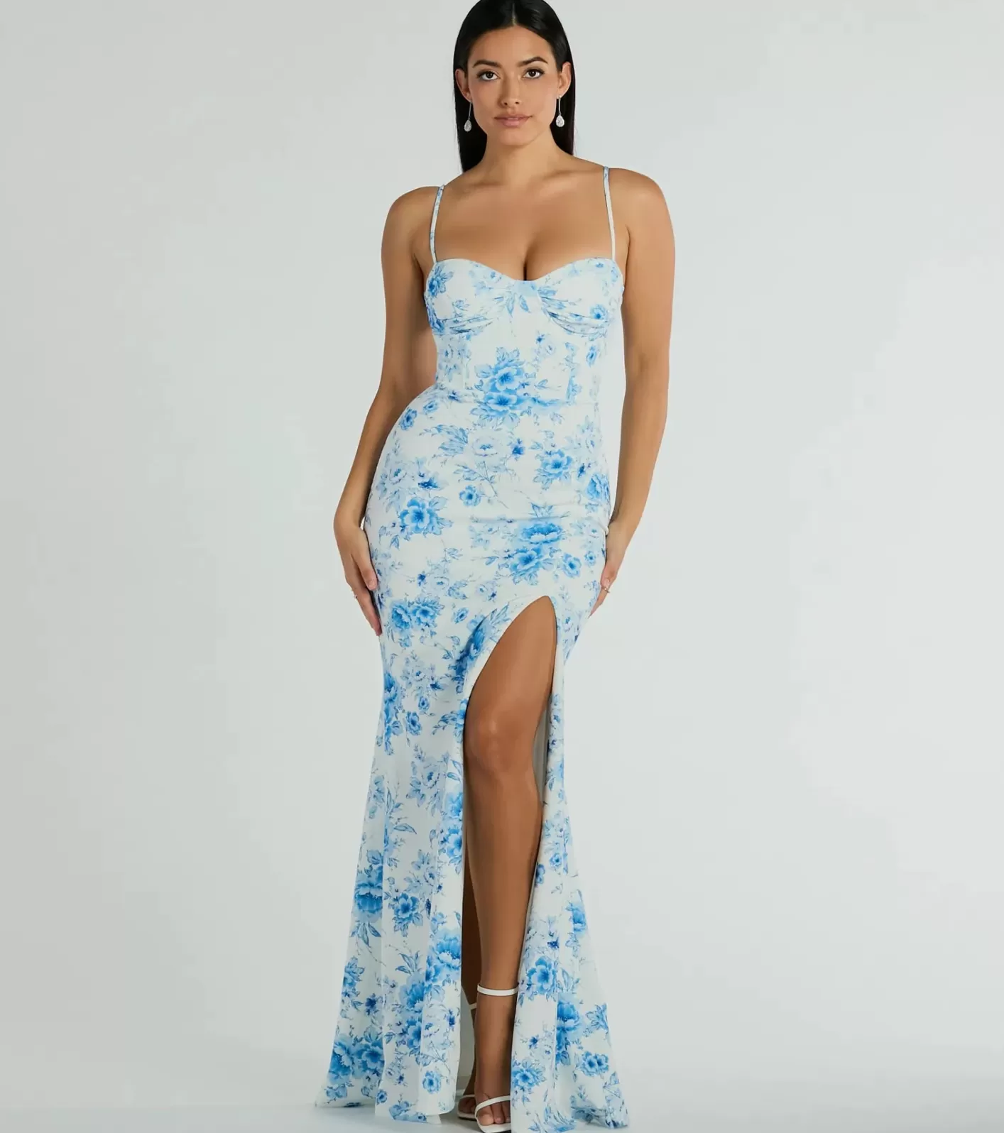 Windsor Elia High Slit Floral Crepe Mermaid Dress BLUE Outlet