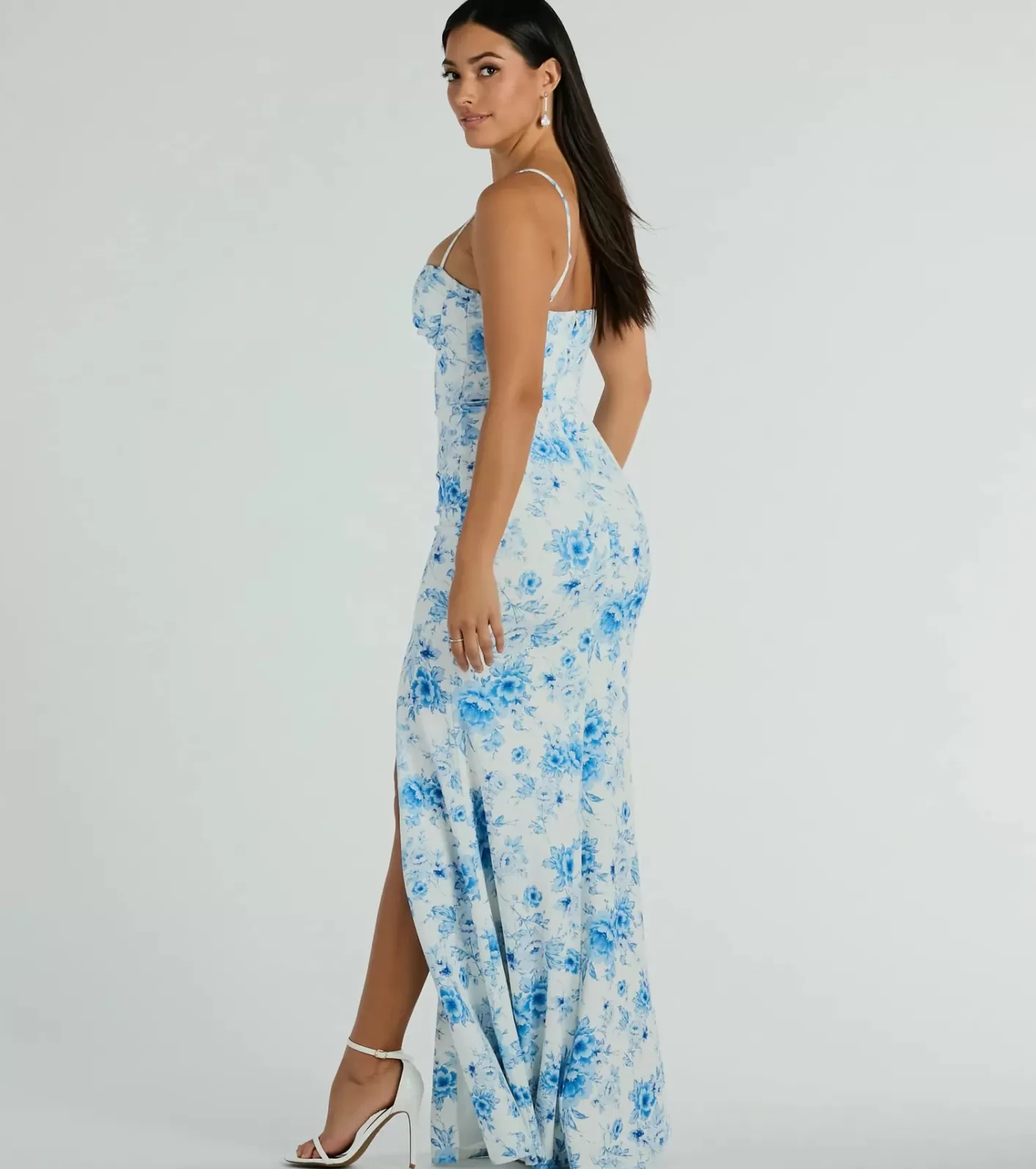 Windsor Elia High Slit Floral Crepe Mermaid Dress BLUE Outlet