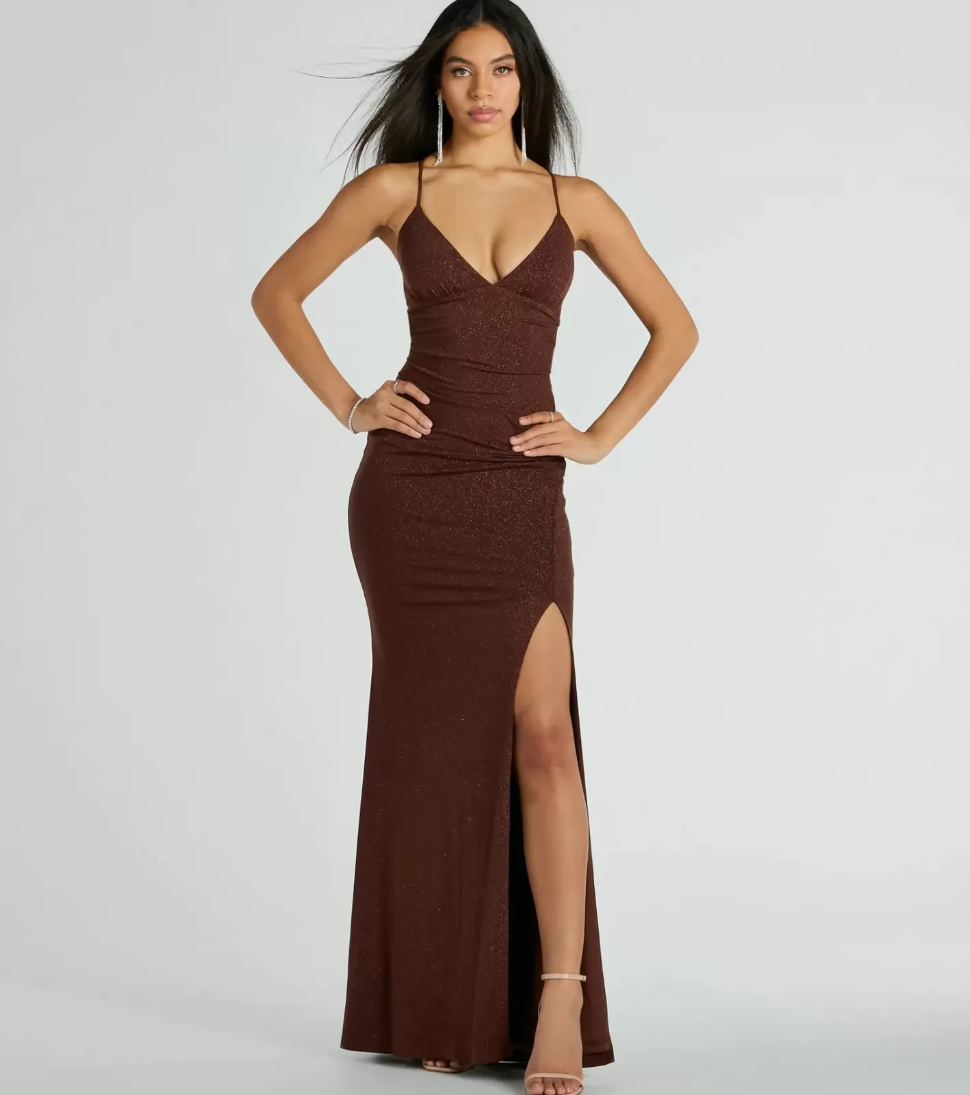 Windsor Eliana Lace-Up Mermaid Glitter Knit Formal Dress BROWN Sale
