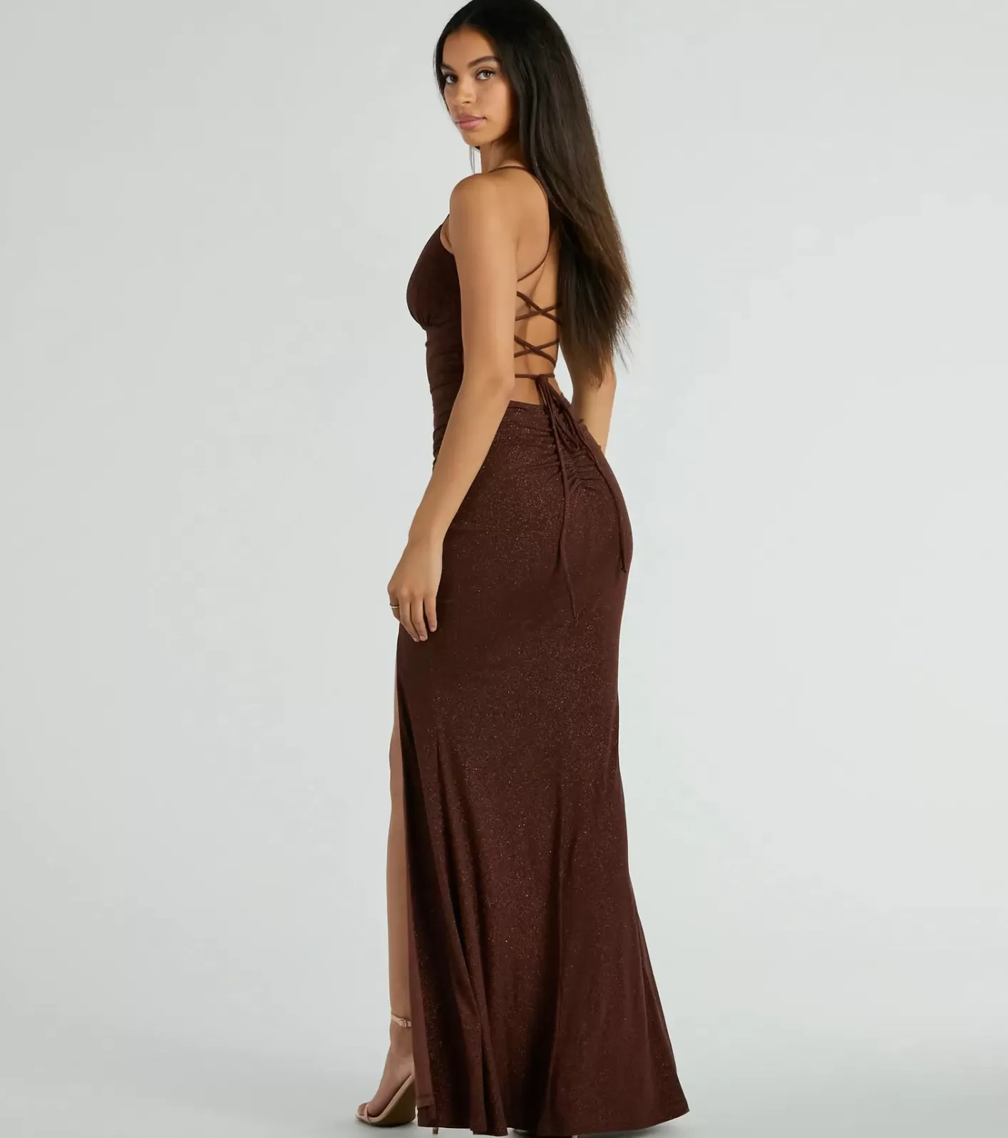 Windsor Eliana Lace-Up Mermaid Glitter Knit Formal Dress BROWN Sale