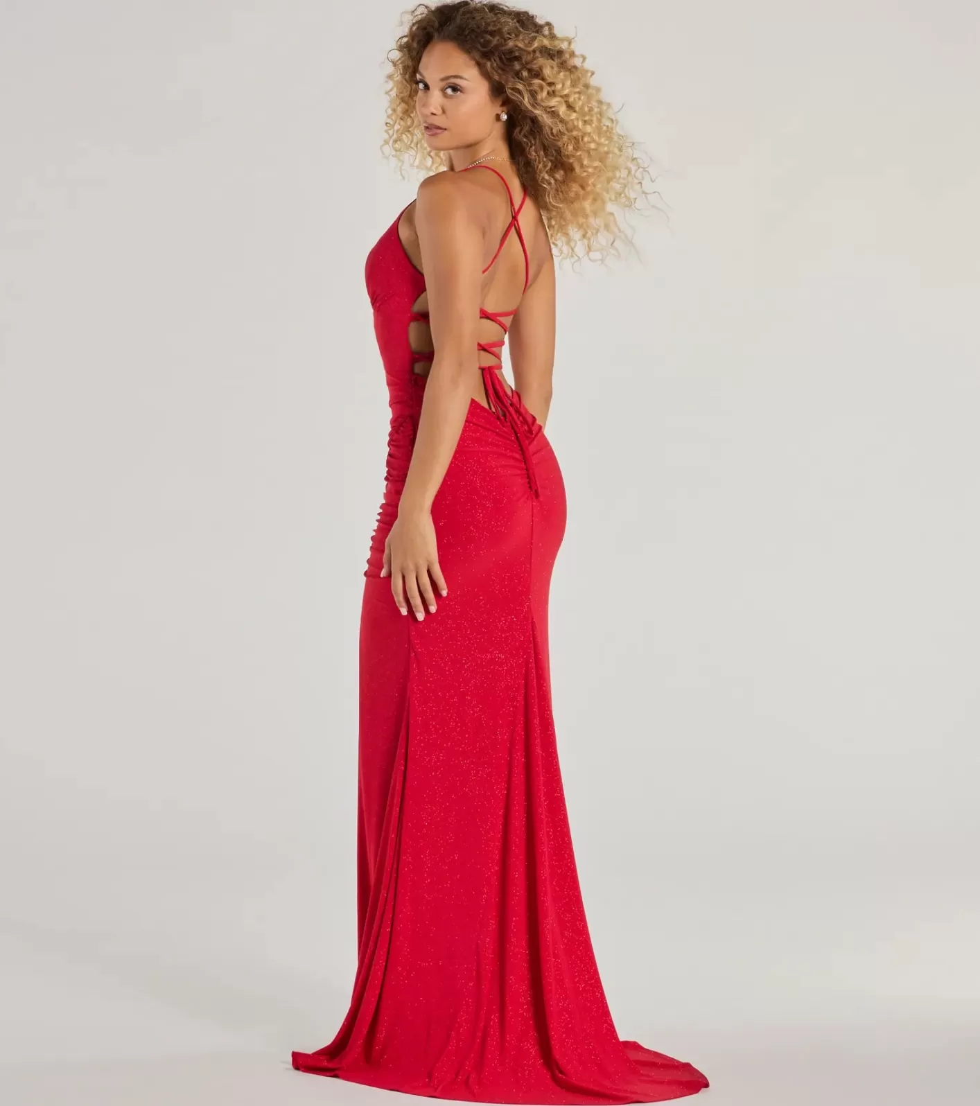 Windsor Ellora Lace Up Mermaid Glitter Formal Dress RED Fashion
