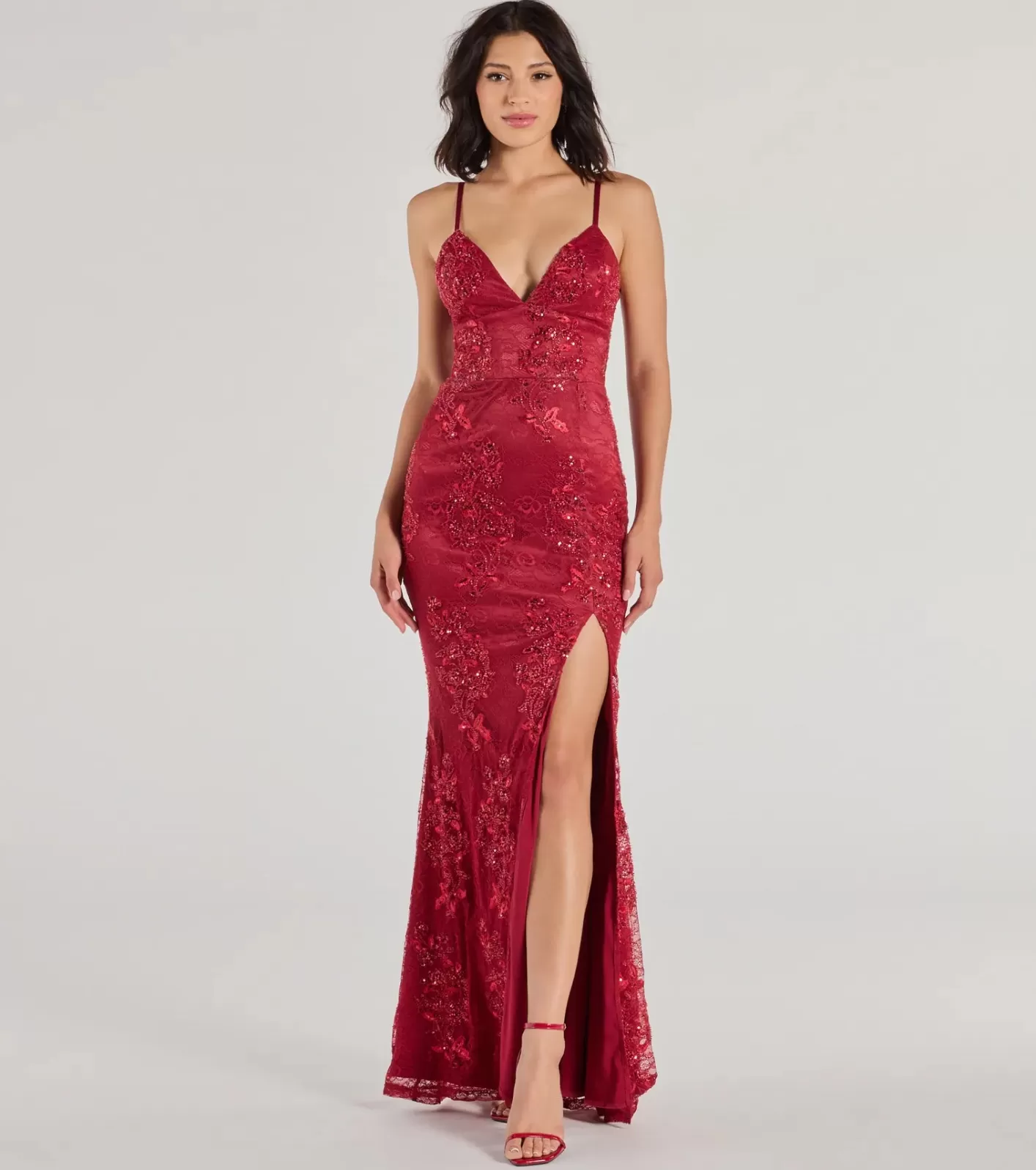 Windsor Elodie Beaded Floral Lace Mermaid Dress RED Flash Sale