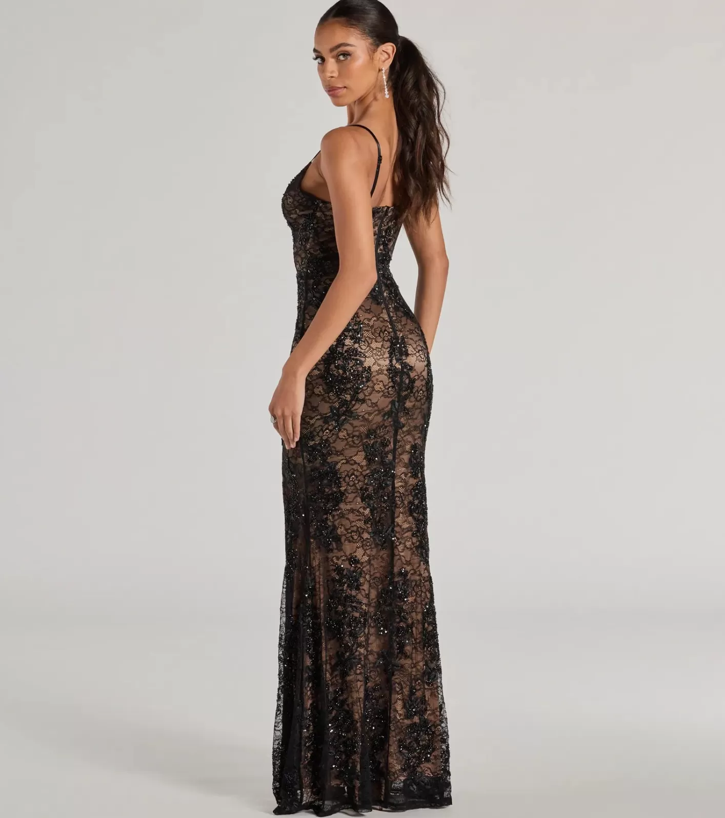 Windsor Elodie Beaded Floral Lace Mermaid Dress BLACK Fashion