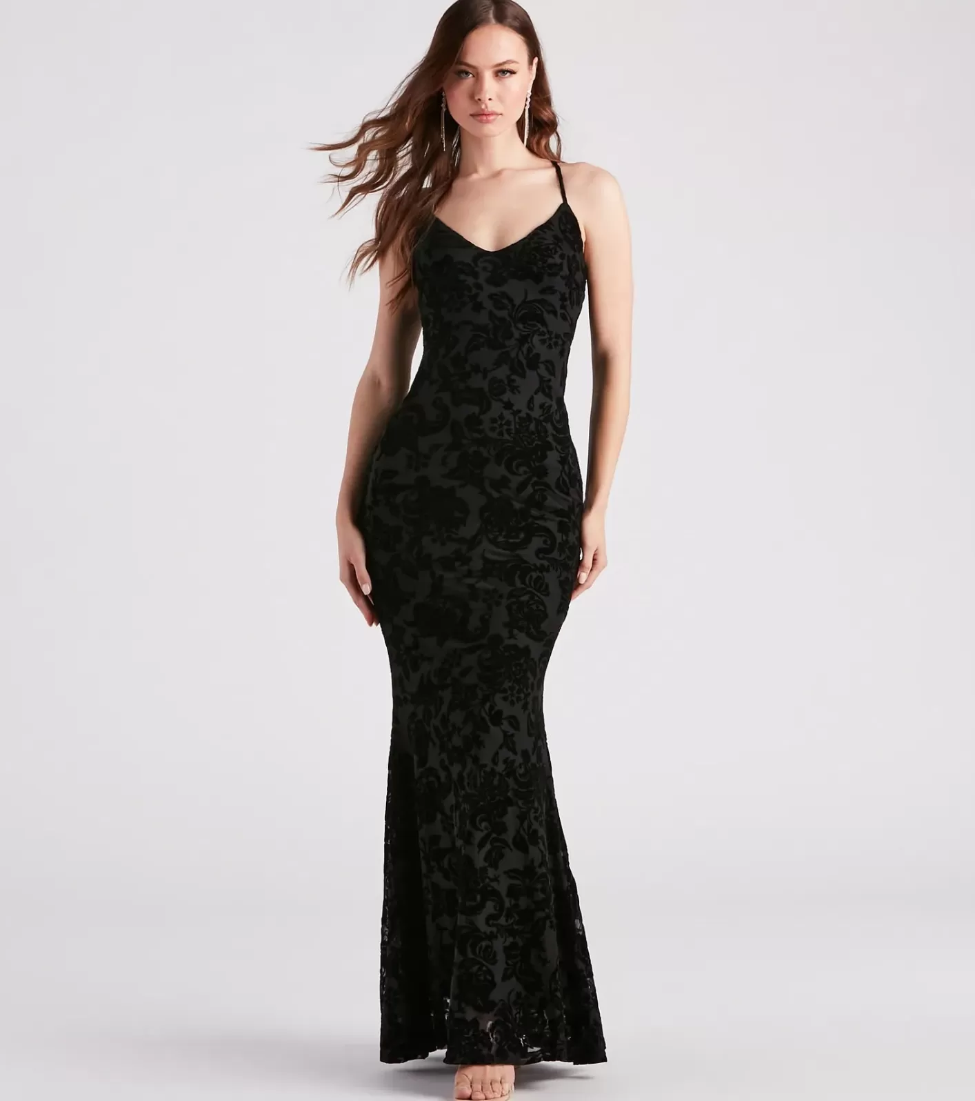 Windsor Eloise Formal Velvet Lace-Up Mermaid Dress BLACK Best