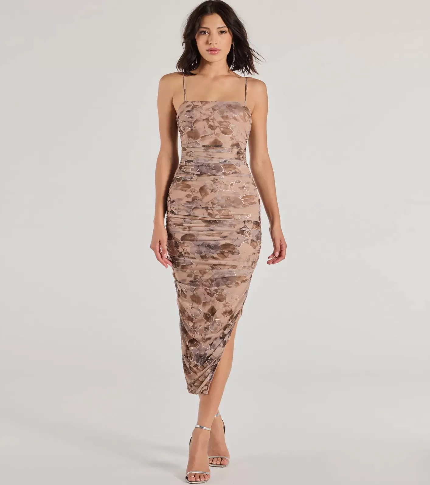 Windsor Enchantingly Chic Foiled Floral Mesh Midi Dress TAUPE New