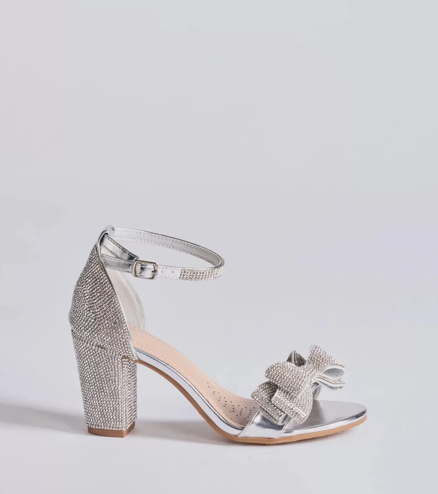 Windsor Endless Glam Rhinestone Bow Block Heels SILVER Discount