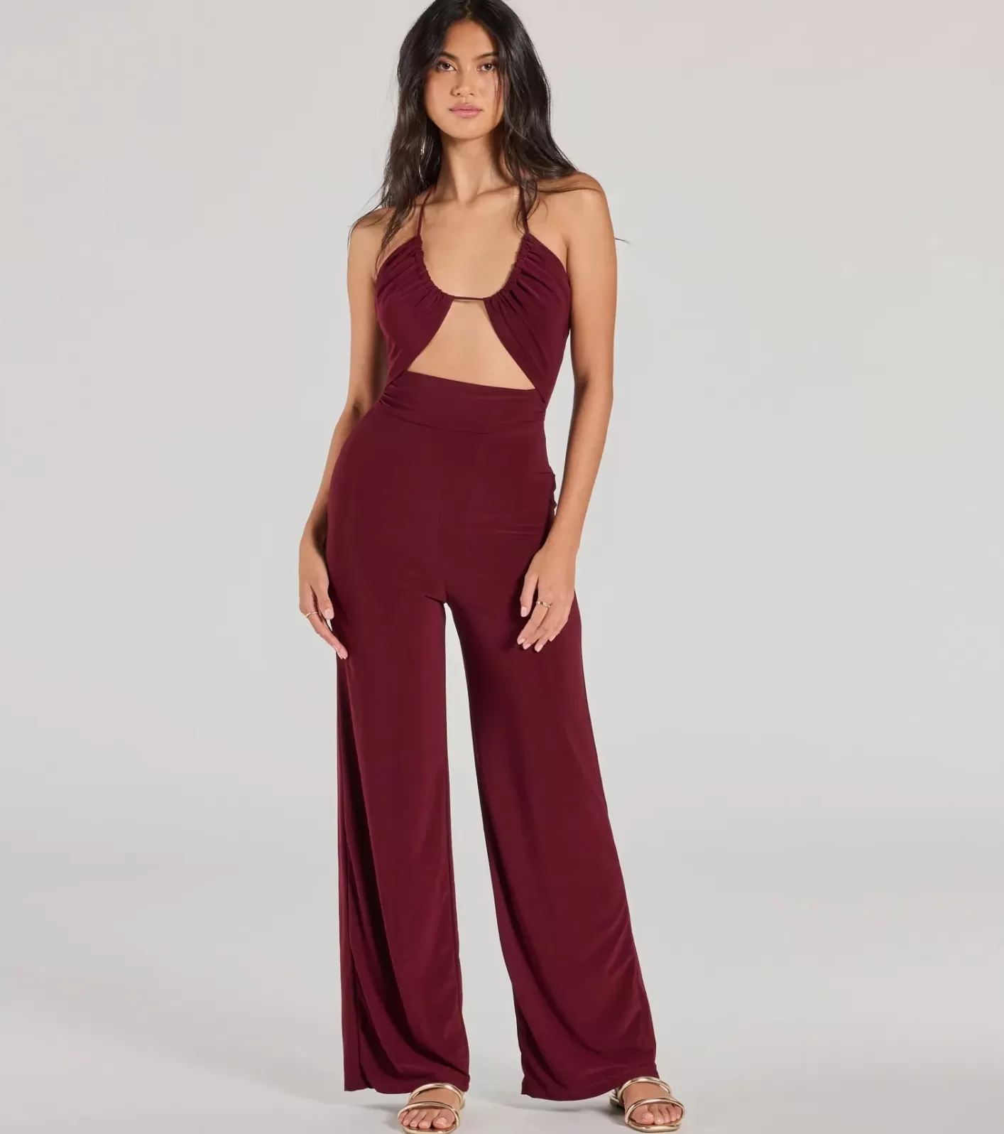 Windsor Enticing Sass Halter Cutout Wide-Leg Jumpsuit PLUM Hot