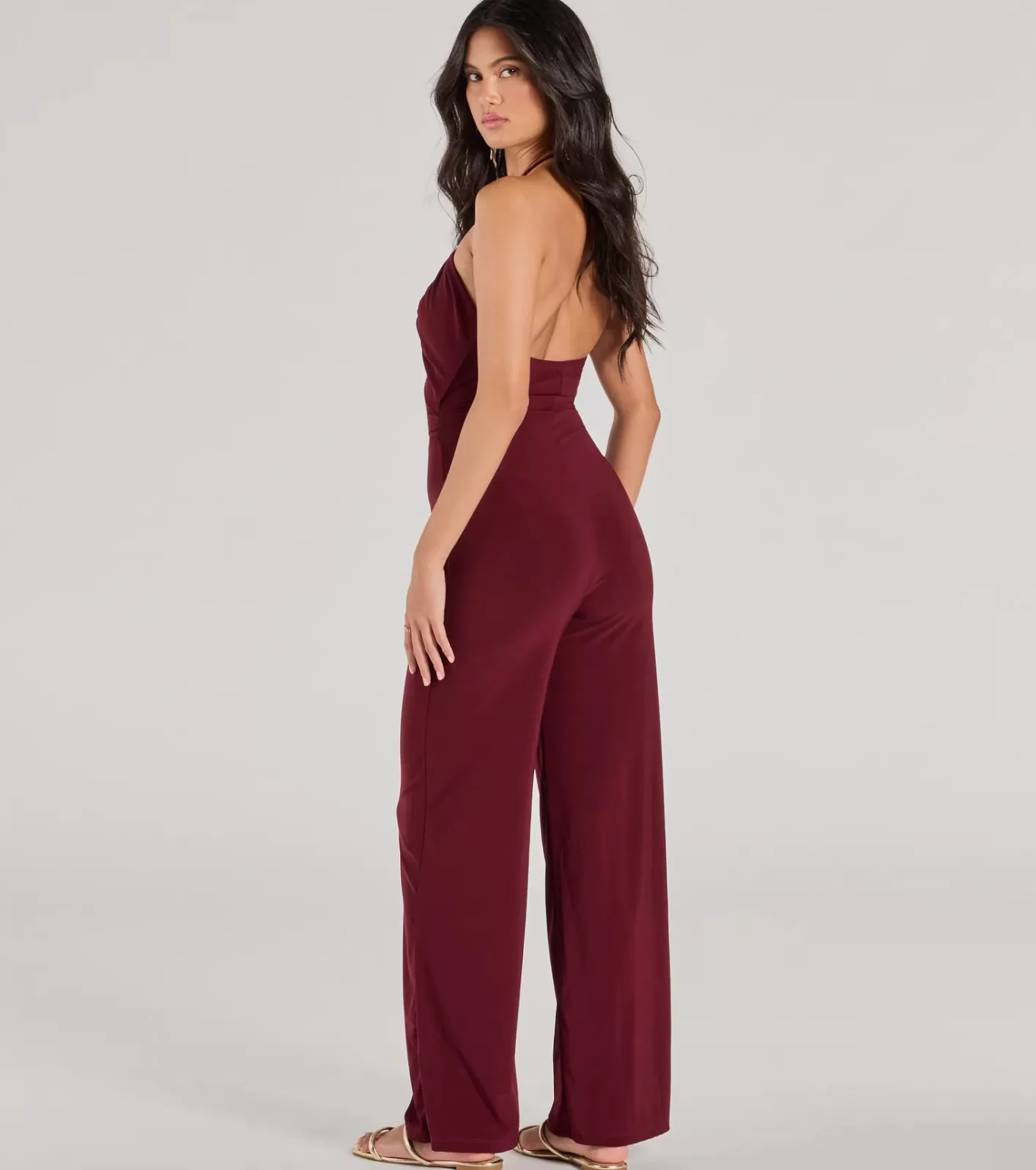 Windsor Enticing Sass Halter Cutout Wide-Leg Jumpsuit PLUM Hot