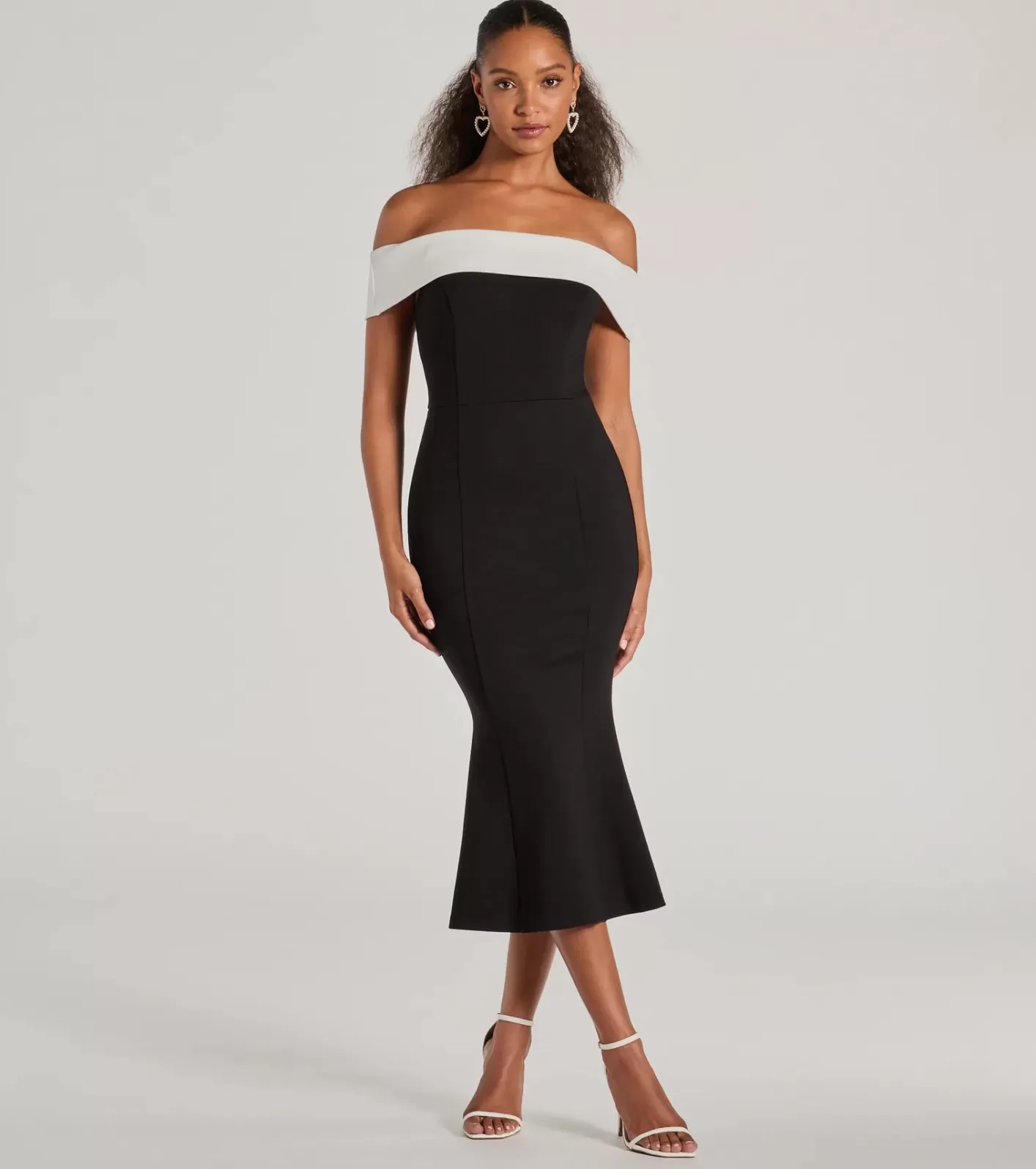 Windsor Enticing Sultry Off-The-Shoulder Mermaid Midi Dress BLACK Fashion