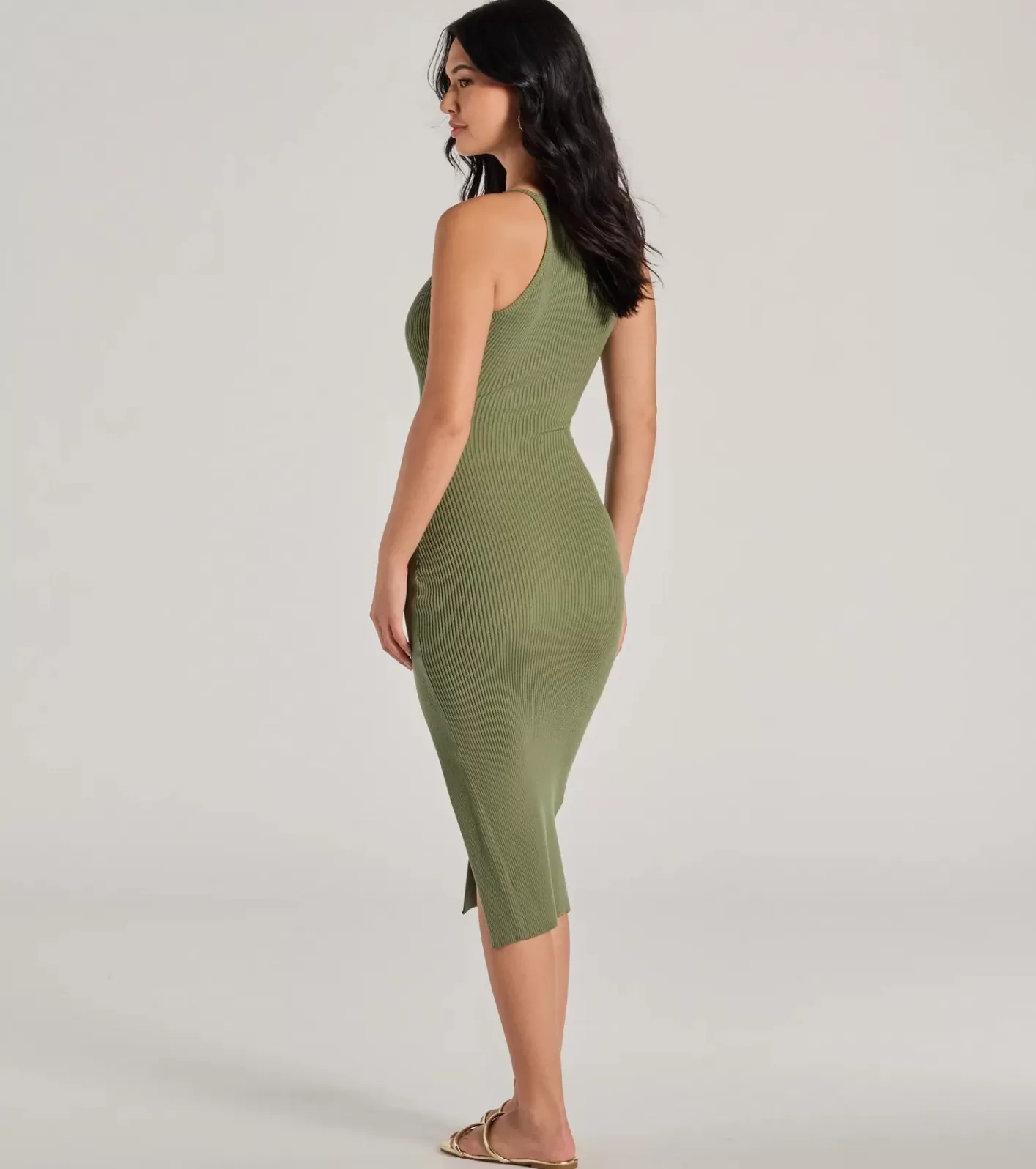 Windsor Essential Staple Ribbed Knit Midi Dress OLIVE Shop