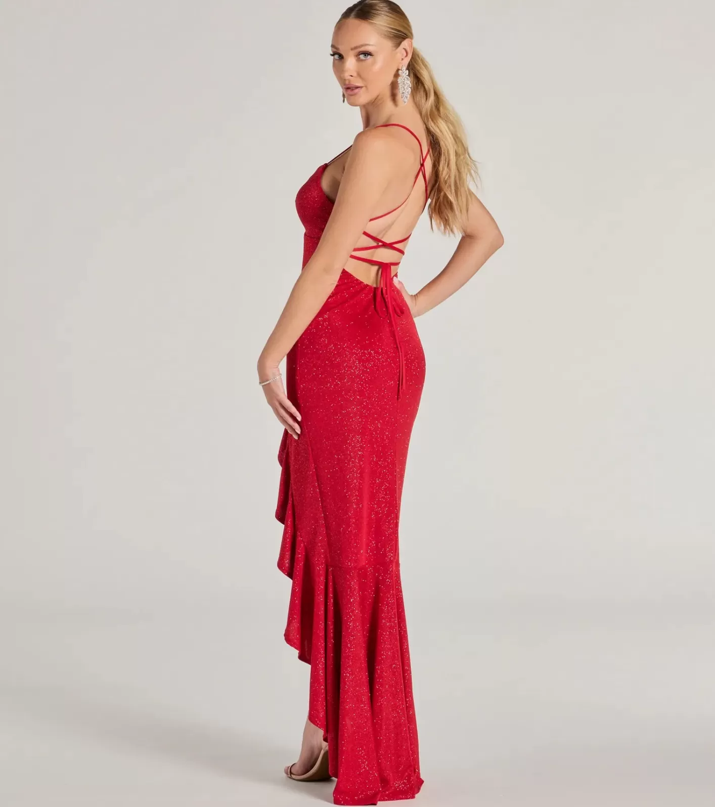 Windsor Eva Lace-Up High-Low Ruffle Mermaid Formal Dress RED Cheap