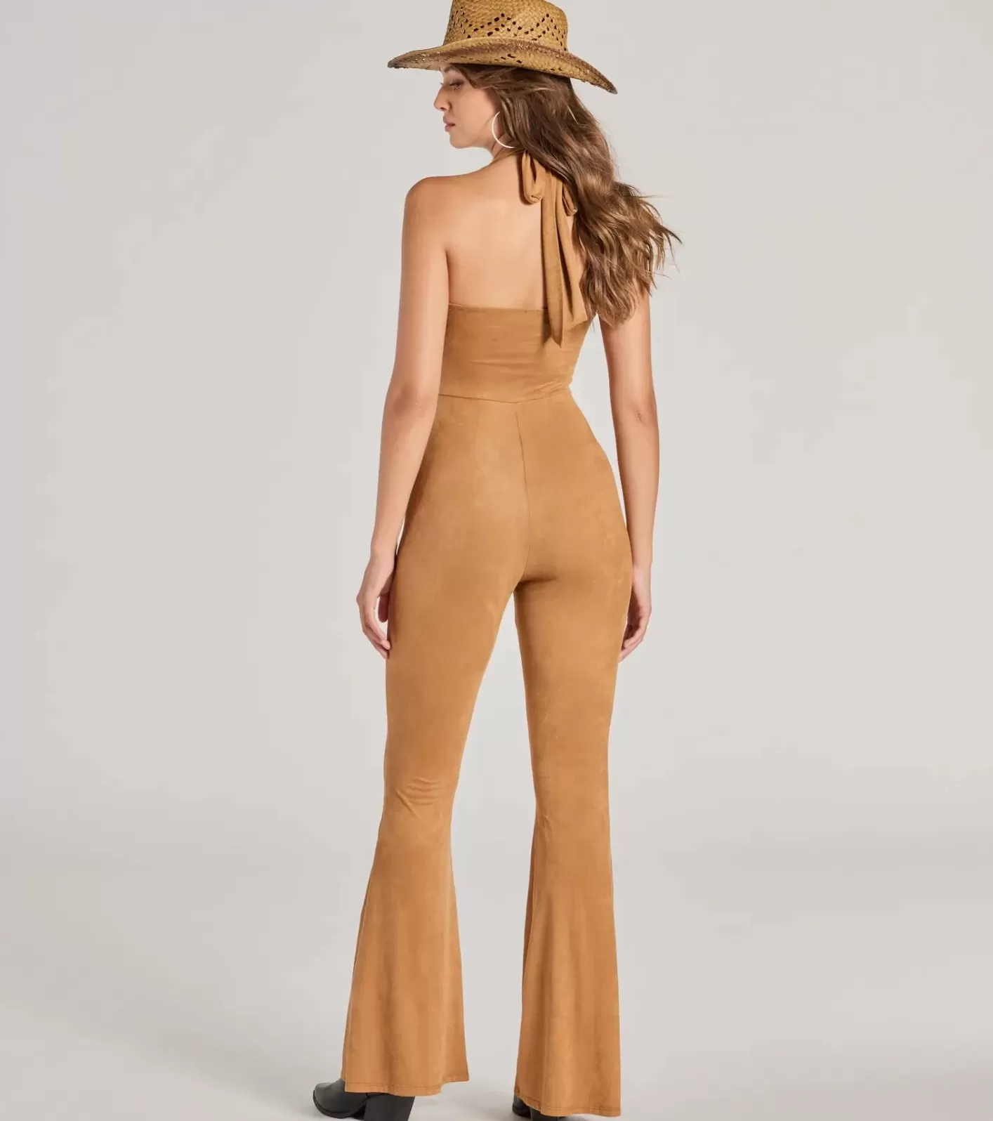 Windsor Eyes On Me Lace-Up Flare Faux Suede Jumpsuit CAMEL Hot